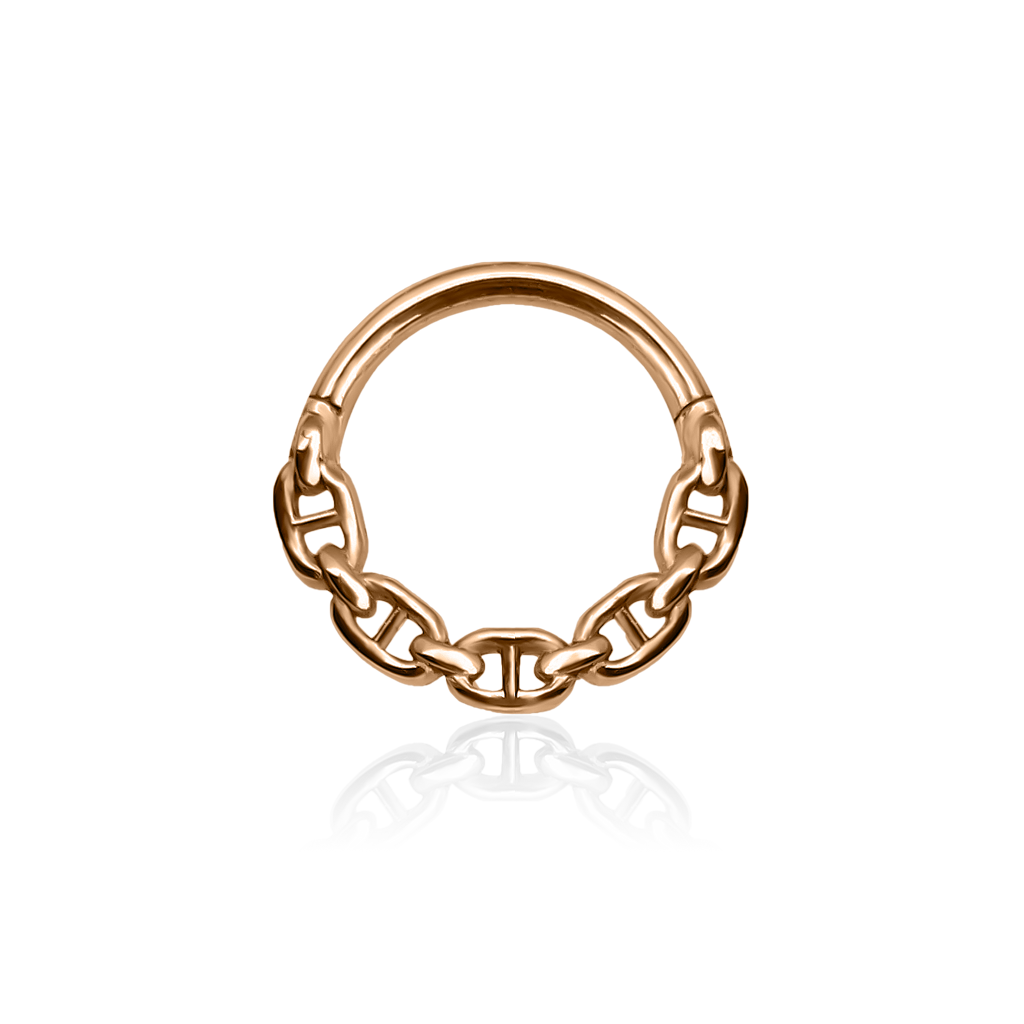 Front-facing 18k rose gold piercing ring mariner anchor link chain