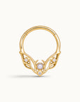 18k gold septum ring with a pearl, diamonds, and ornate leaf design