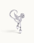 Silver leaf-shaped ear cuff piercing with dangling pearls