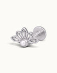 Silver lotus flower piercing stud with a small white pearl center