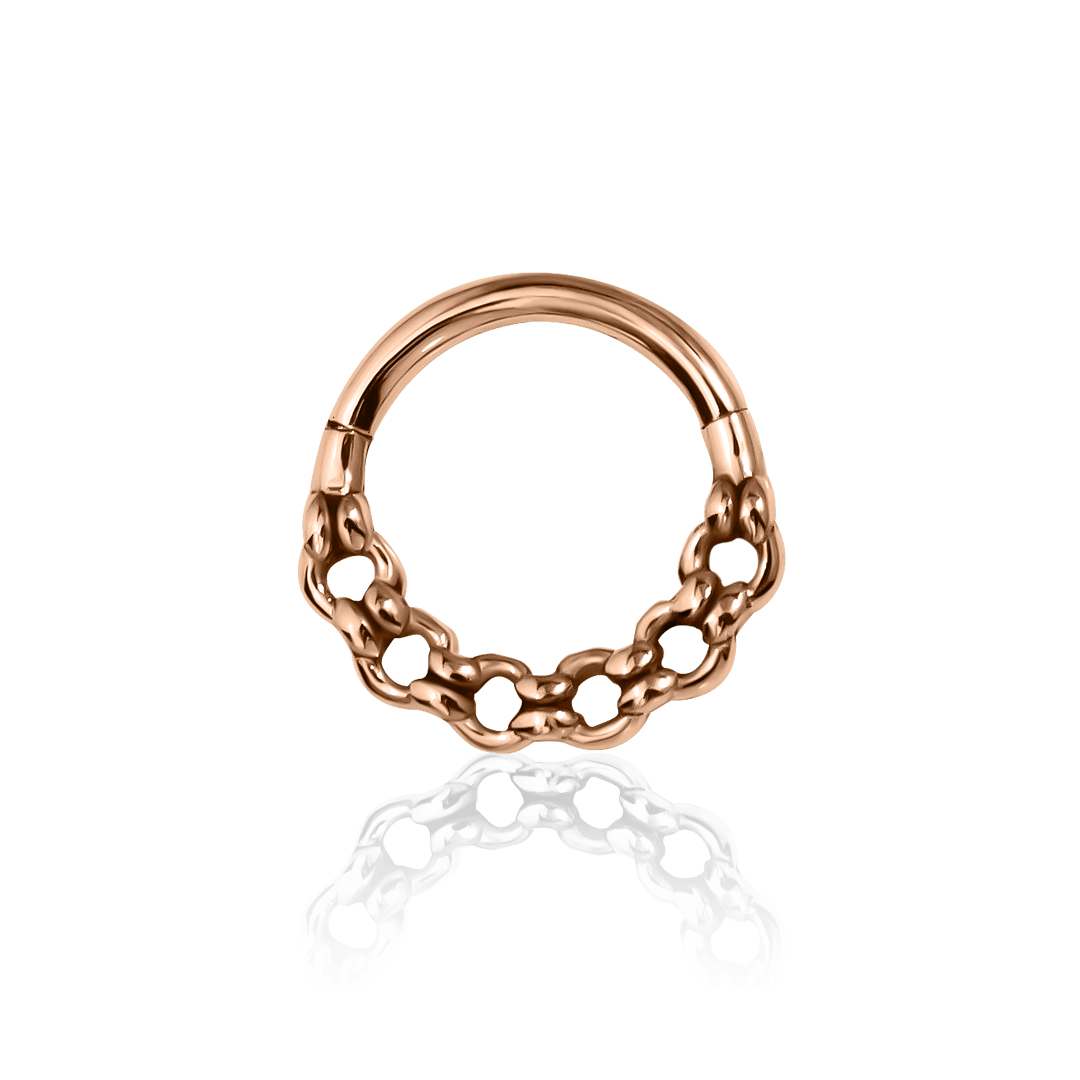 front-facing 18k rose gold thin chain piercing ring with round-links
