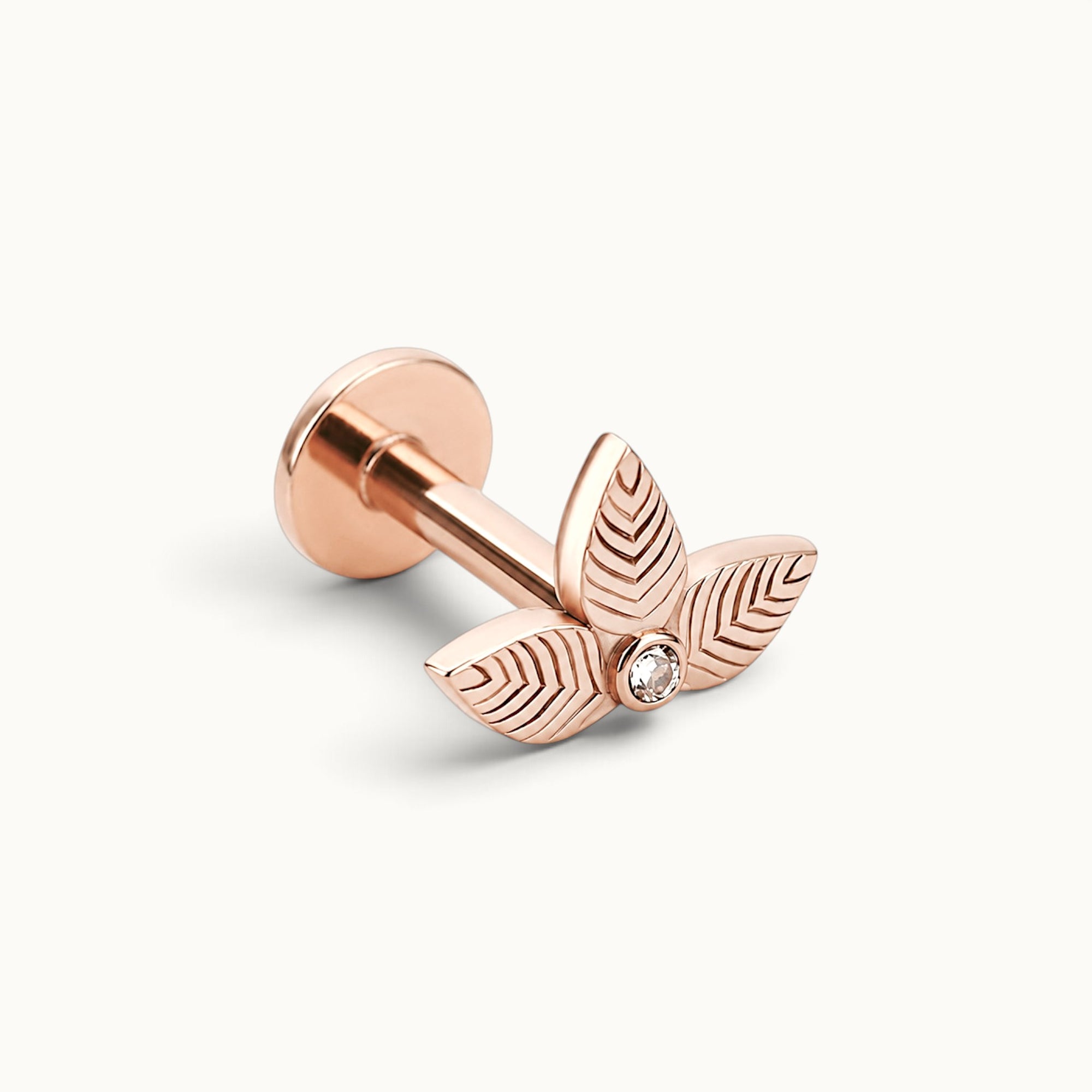 Rose gold leaf stud earring with diamond accent, luxury 18k gold piercing jewelry for ear