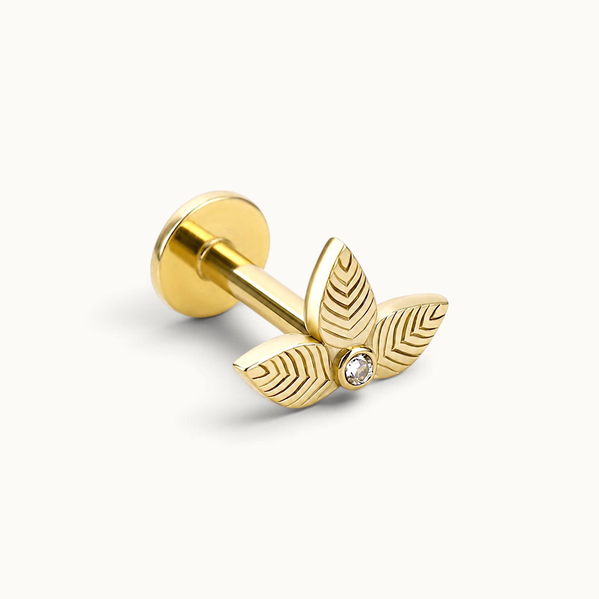 18k gold leaf stud earring with diamond accent, luxury piercing jewelry for ear or nose
