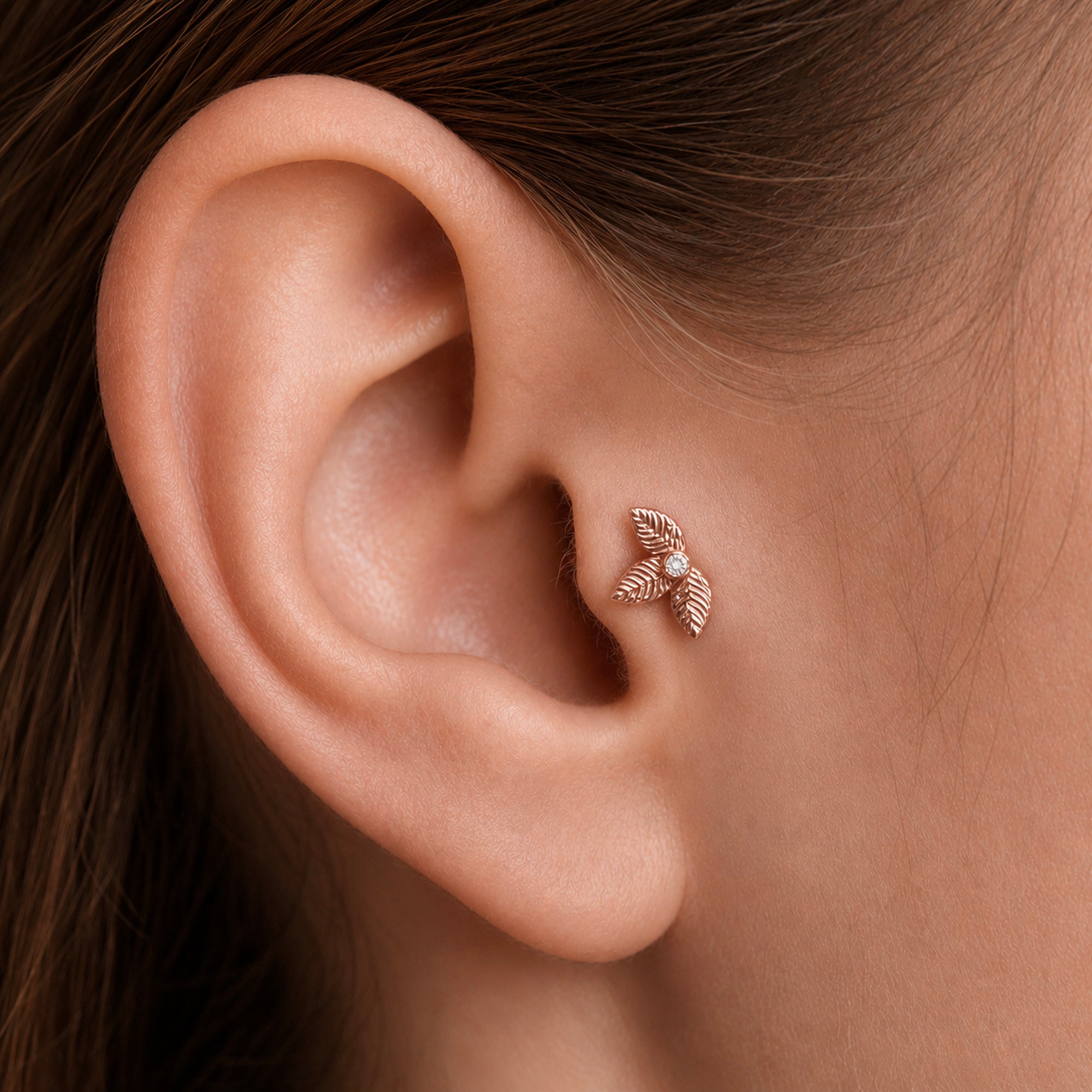 18k gold leaf ear piercing with diamond, luxury fine jewelry for elegant style
