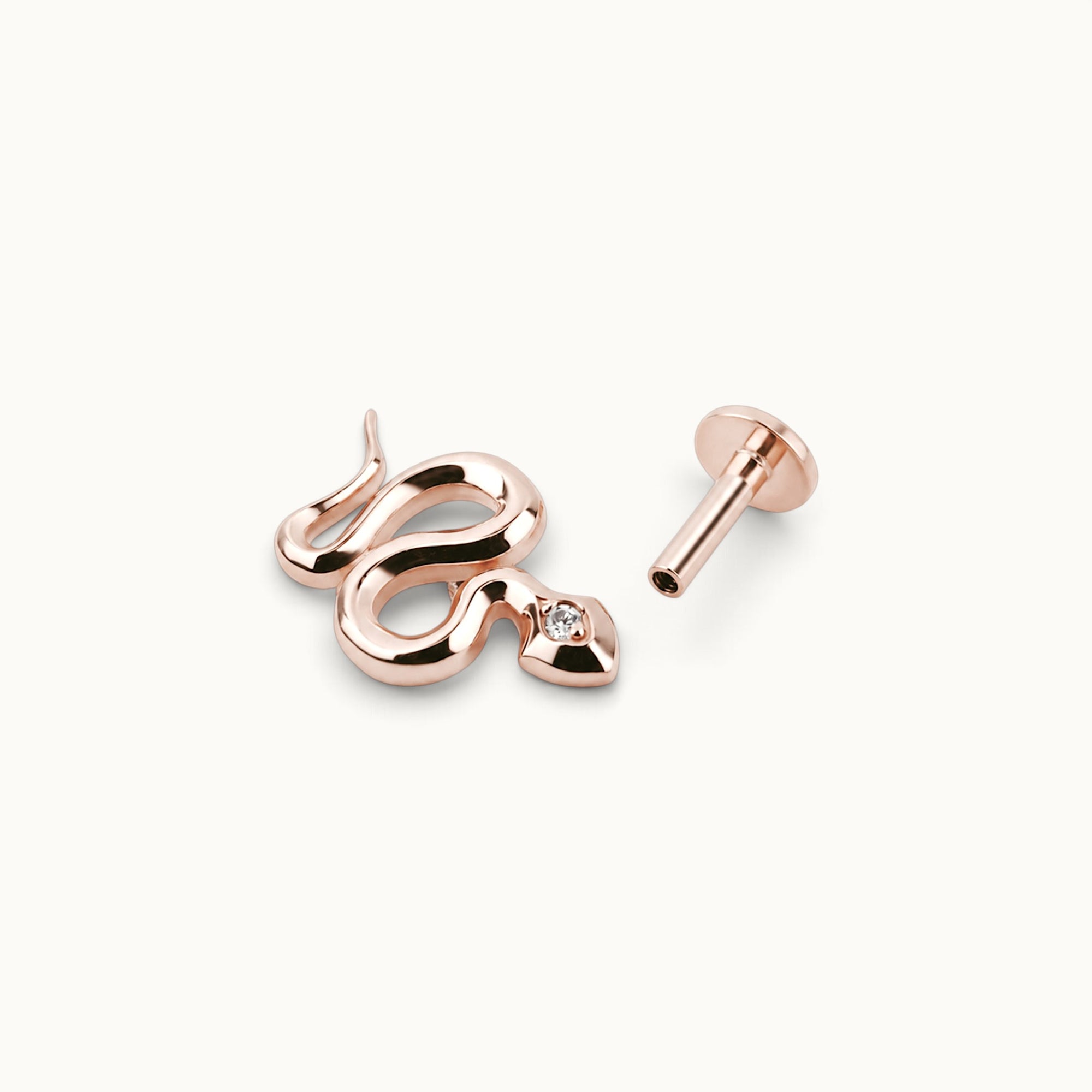 Rose gold snake piercing jewelry with diamond eye, luxury 18k gold body jewelry for ear or nose