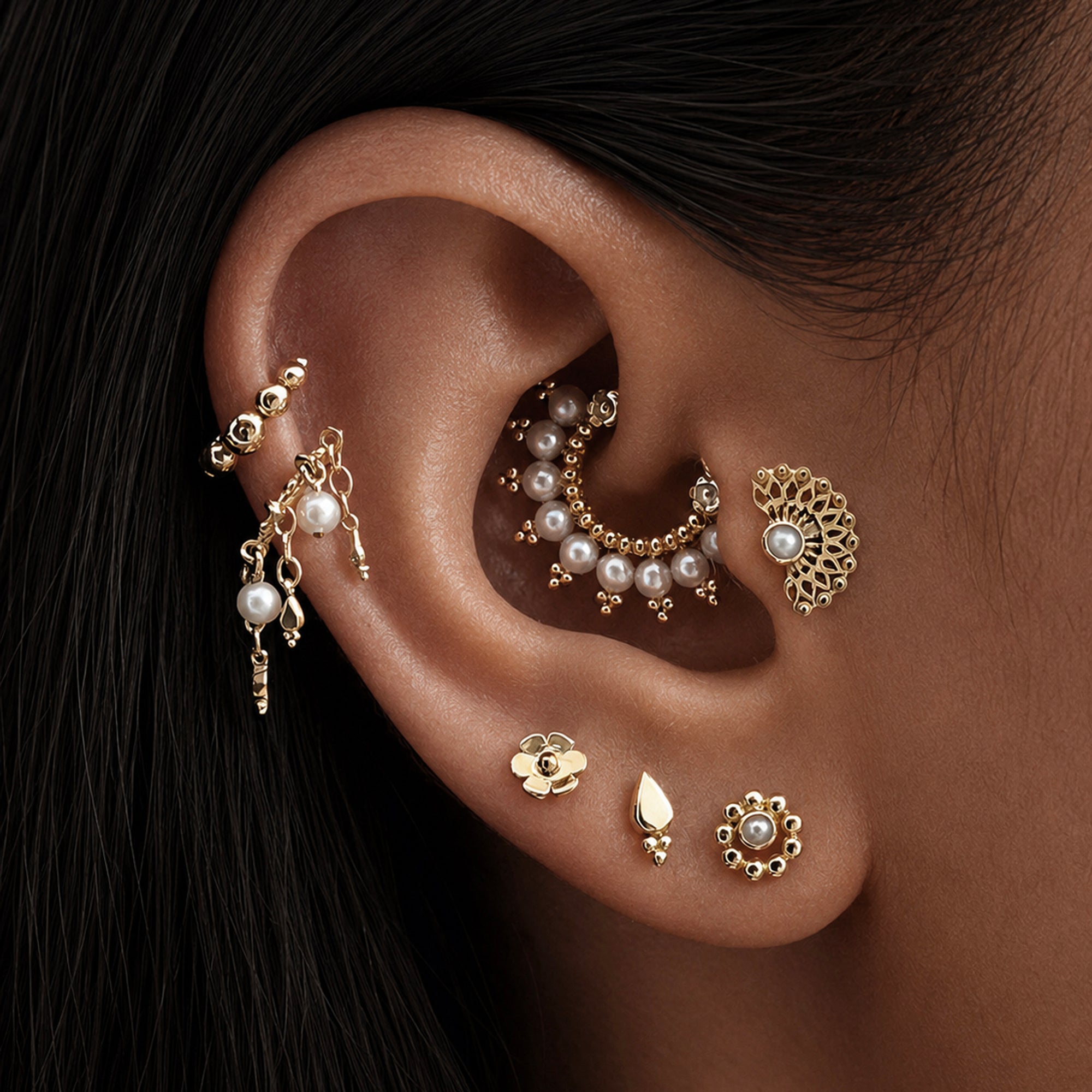 DIHYA - Anneau de Piercing Perles D'eau Douces et Or Jaune 18k