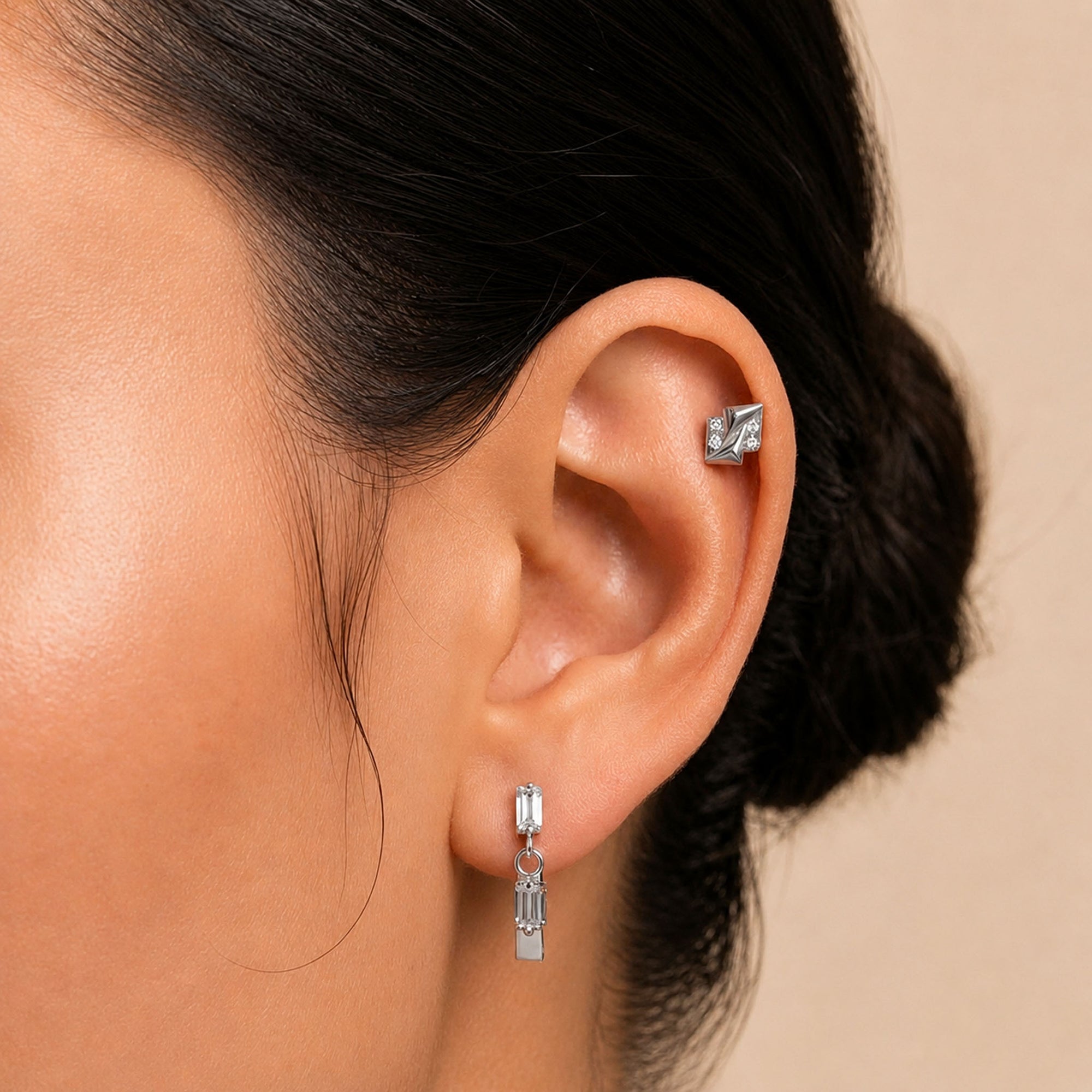 18k gold ear piercing jewelry with diamonds, elegant ear cuff and drop earring set for women