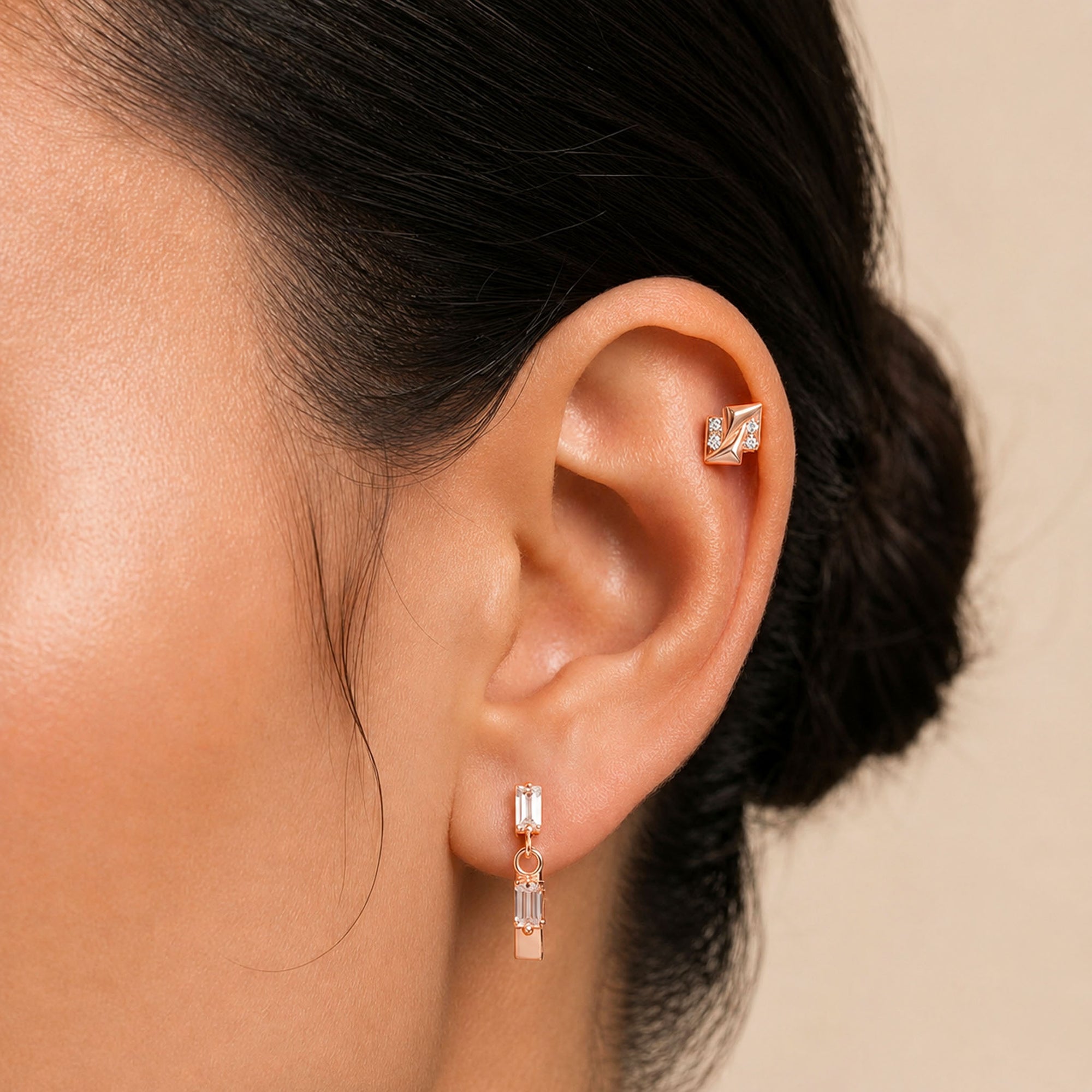Rose gold ear piercing jewelry with diamond accents, elegant 18k gold stud and dangle earrings for women
