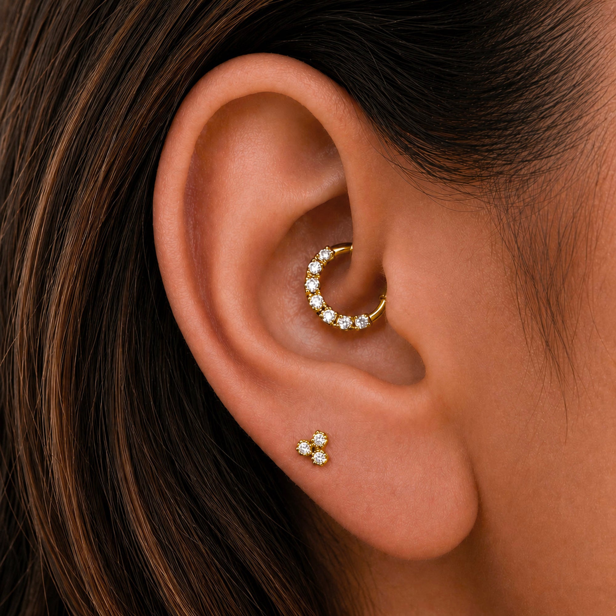 18k gold ear piercing jewelry with diamonds, featuring a hoop and stud for elegant ear styling
