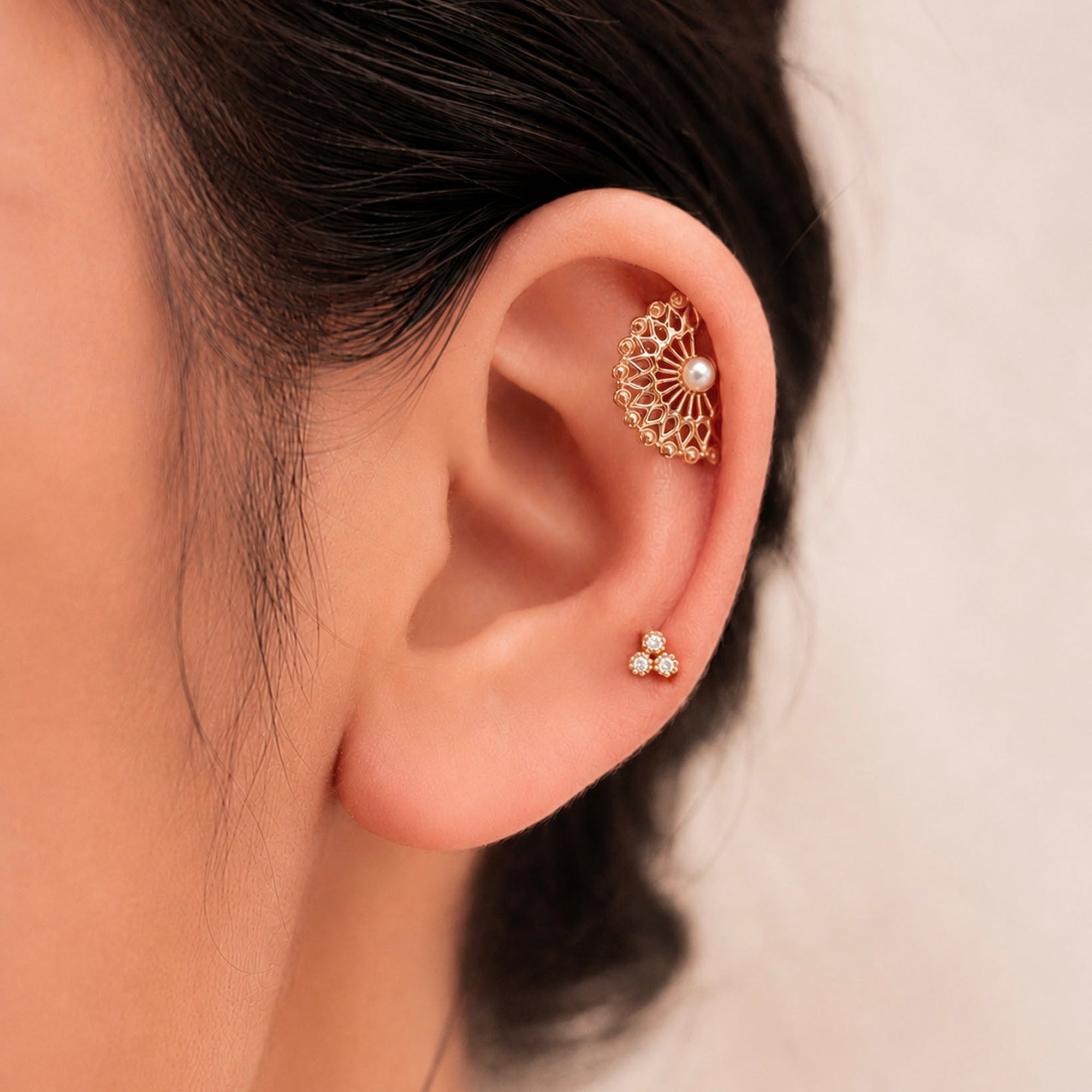 18k gold ear cuff with pearl and diamond stud, luxury piercing jewelry for elegant style