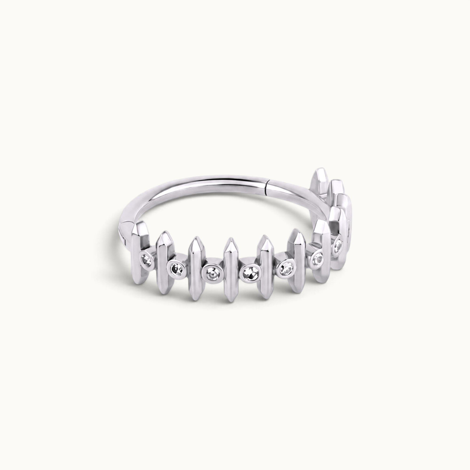 18k white gold piercing ring with diamond accents, sleek spiked design for ear or nose