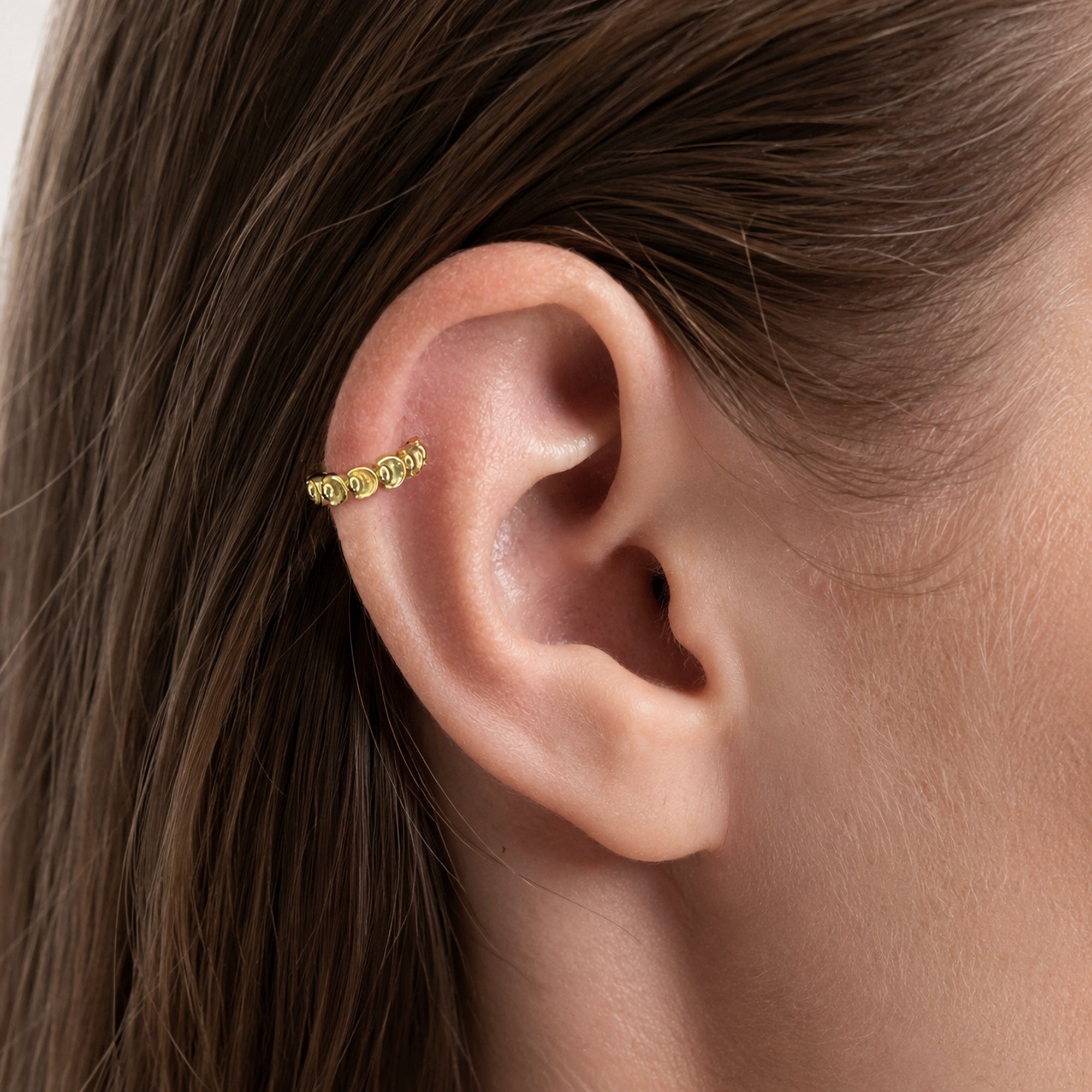18k gold ear cuff with textured beads, luxury piercing jewelry for helix or cartilage