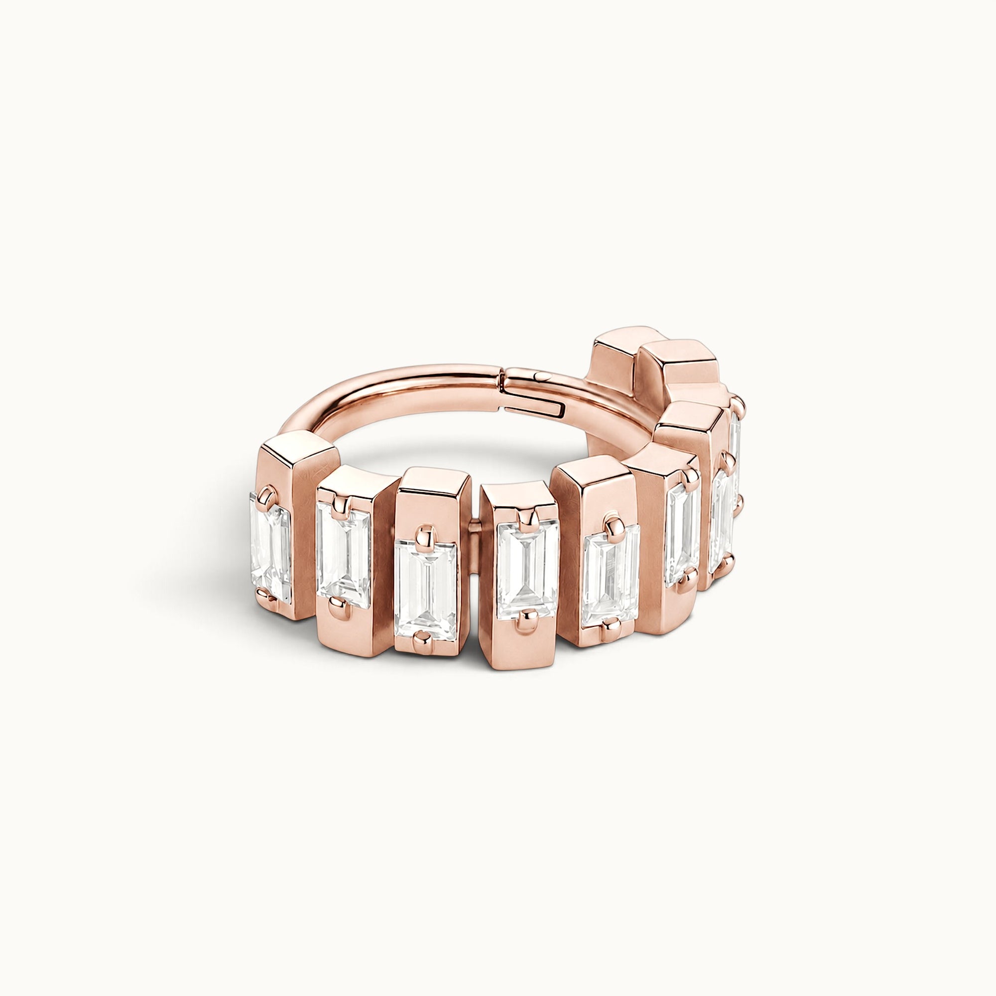 18k rose gold hinged hoop earring with baguette-cut clear stones, luxury piercing jewelry