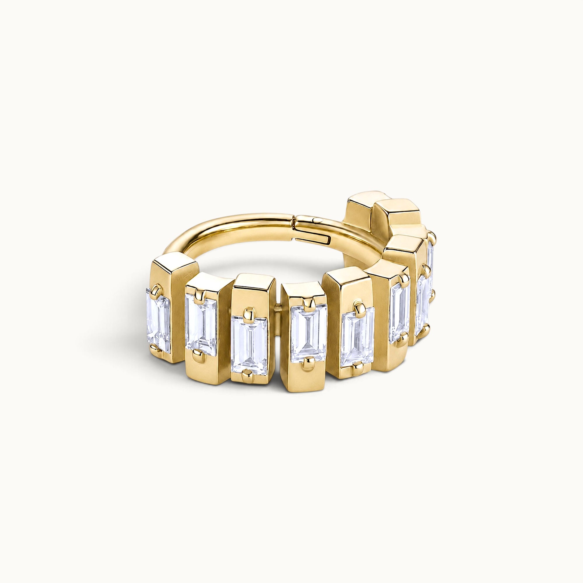 18k gold hinged hoop earring with baguette-cut clear stones, luxury piercing jewelry