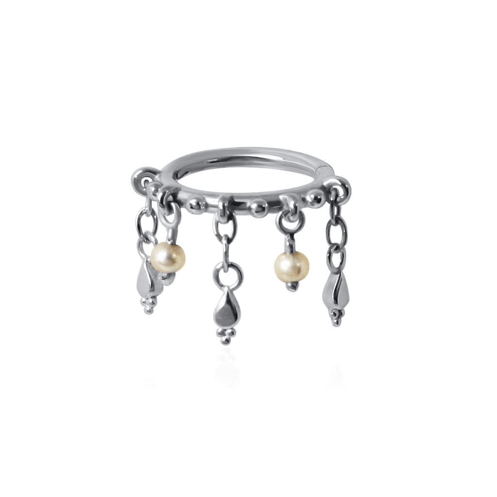 18k white gold piercing ring with cascading chains with pearls