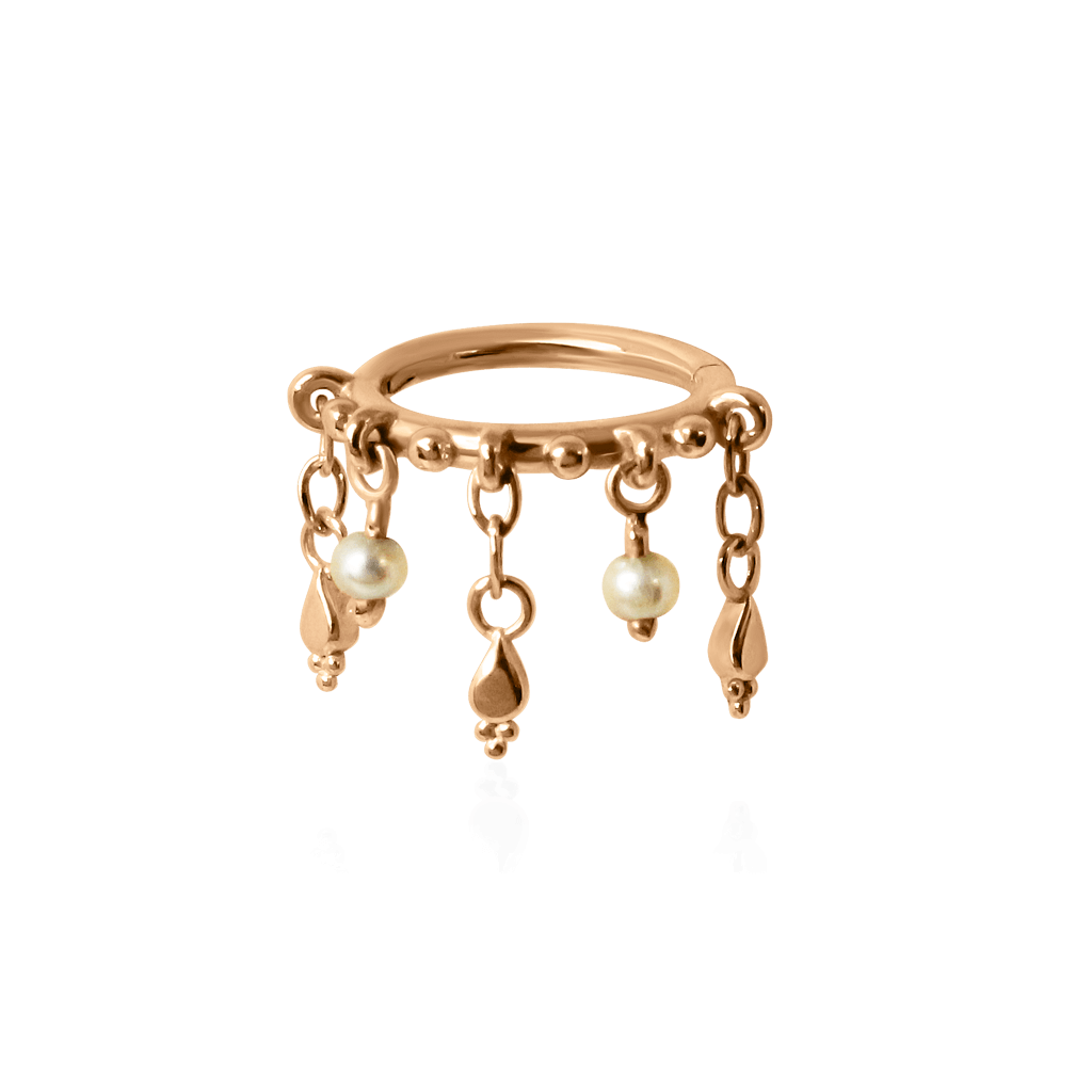 18k rose gold piercing ring with cascading chains with pearls