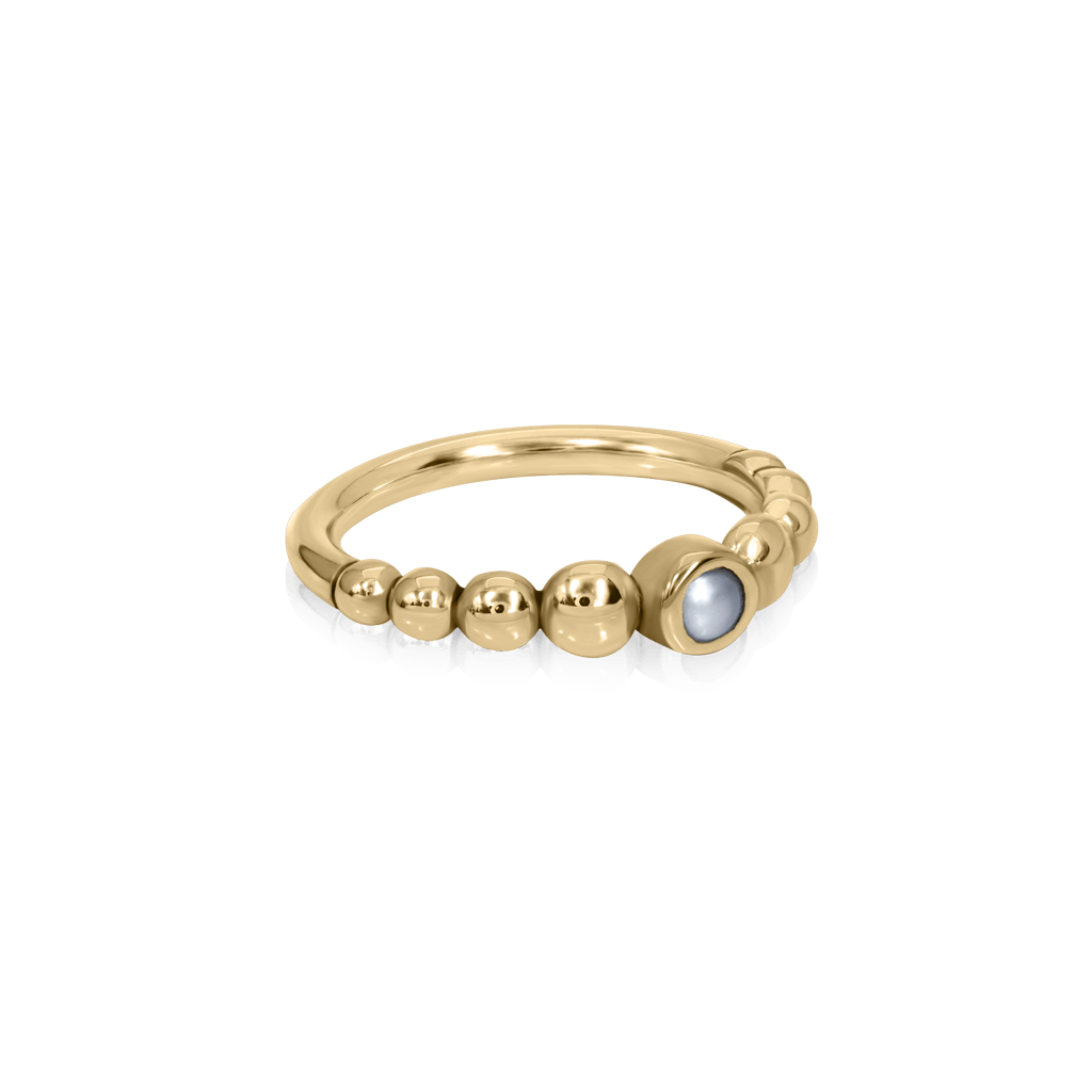 18k yellow gold piercing ring with continuous row of beads and pearl