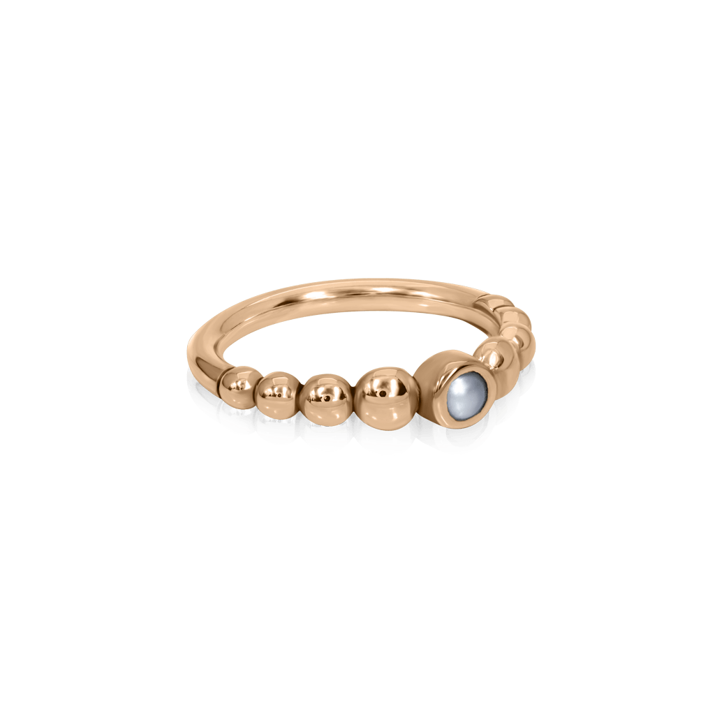 18k rose gold piercing ring with continuous row of beads and pearl