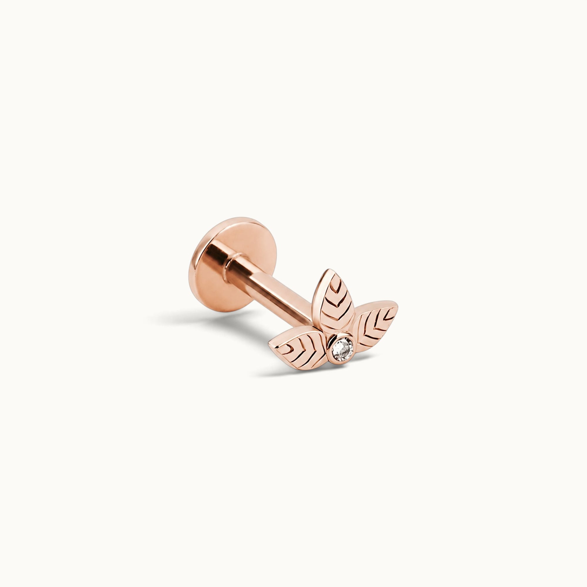 Rose gold leaf piercing with diamond, luxury 18k gold body jewelry for ear or nose