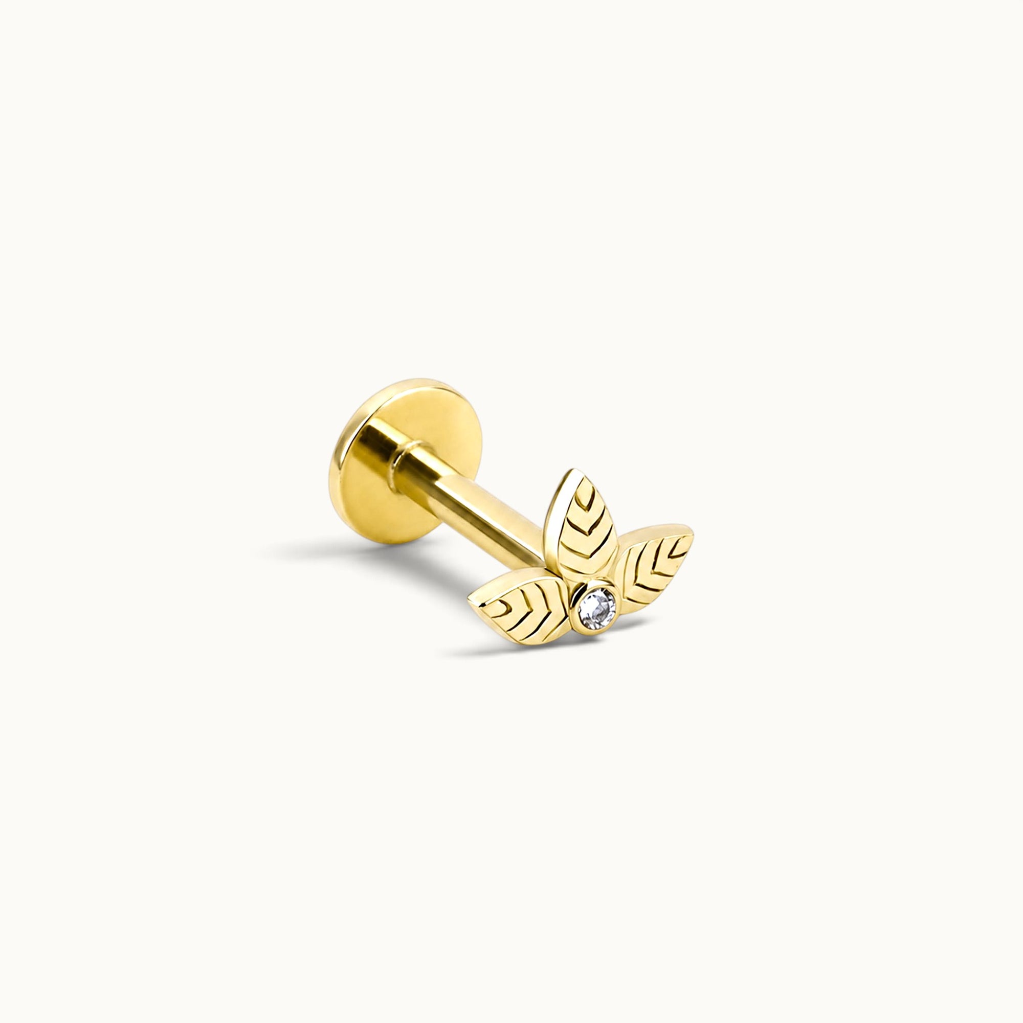18k gold leaf piercing jewelry with diamond accent, luxury body jewelry for ear or nose