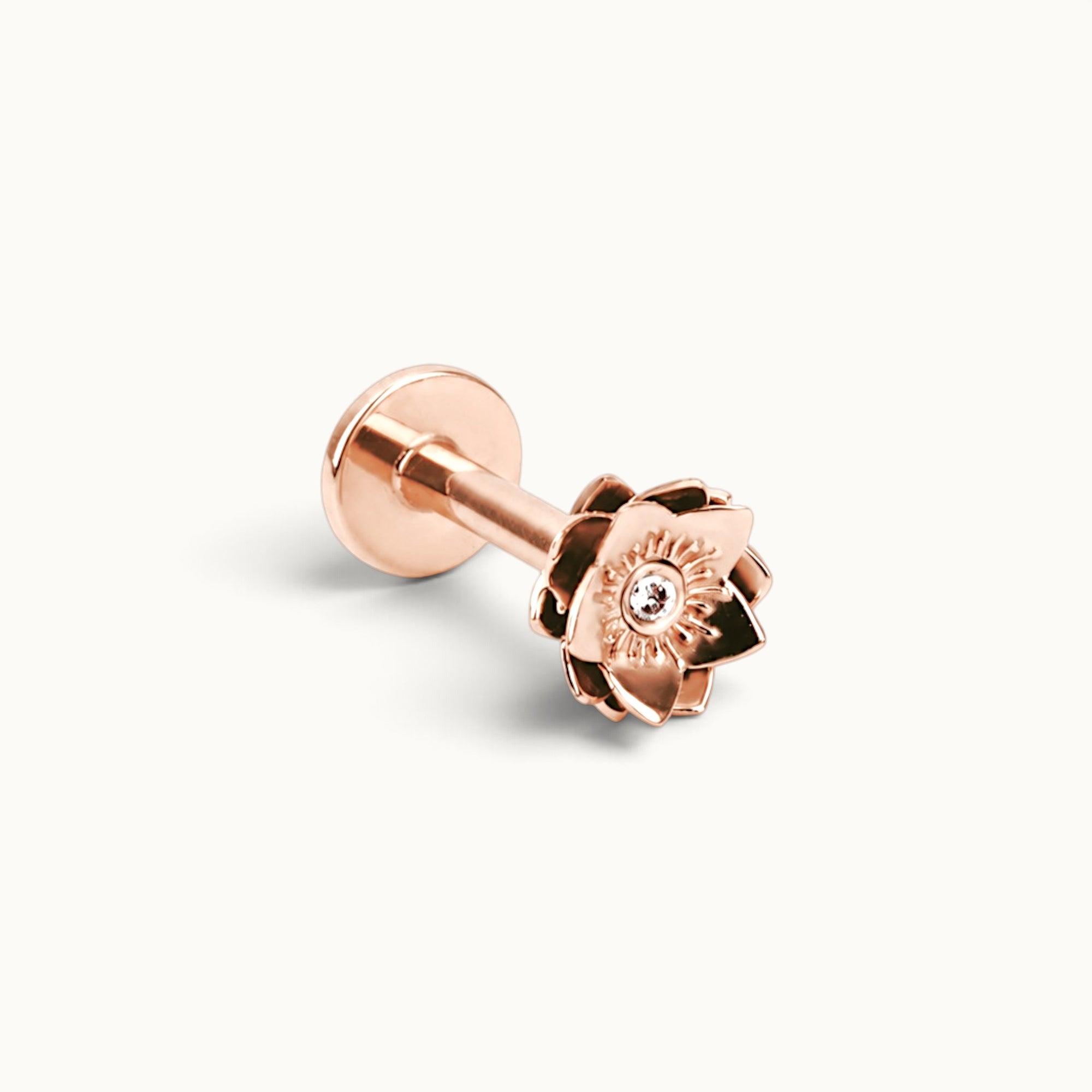 18k rose gold flower stud with diamond center, luxury piercing jewelry for ear or nose