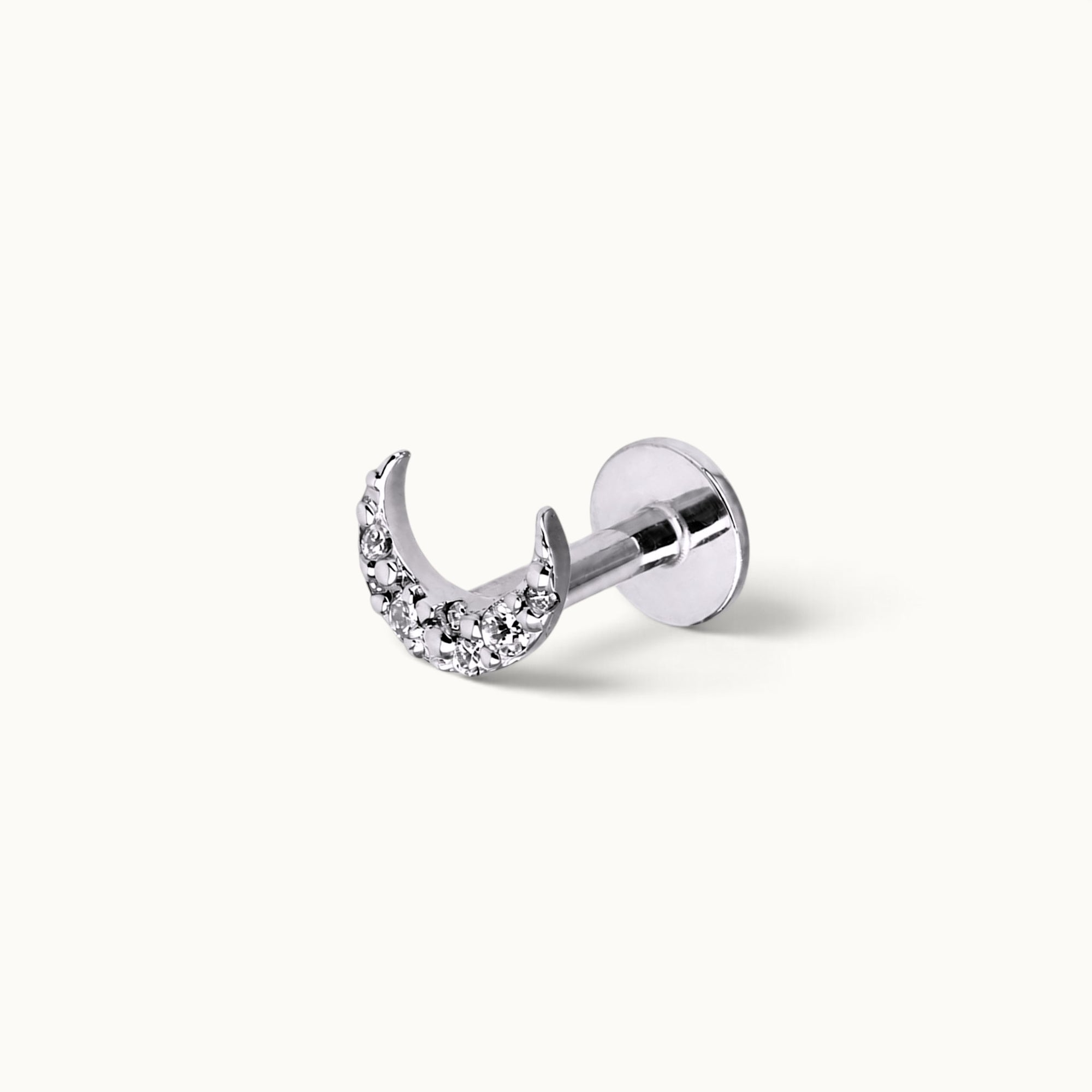 Crescent moon nose stud with clear crystals, 18k gold piercing jewelry for nose or ear
