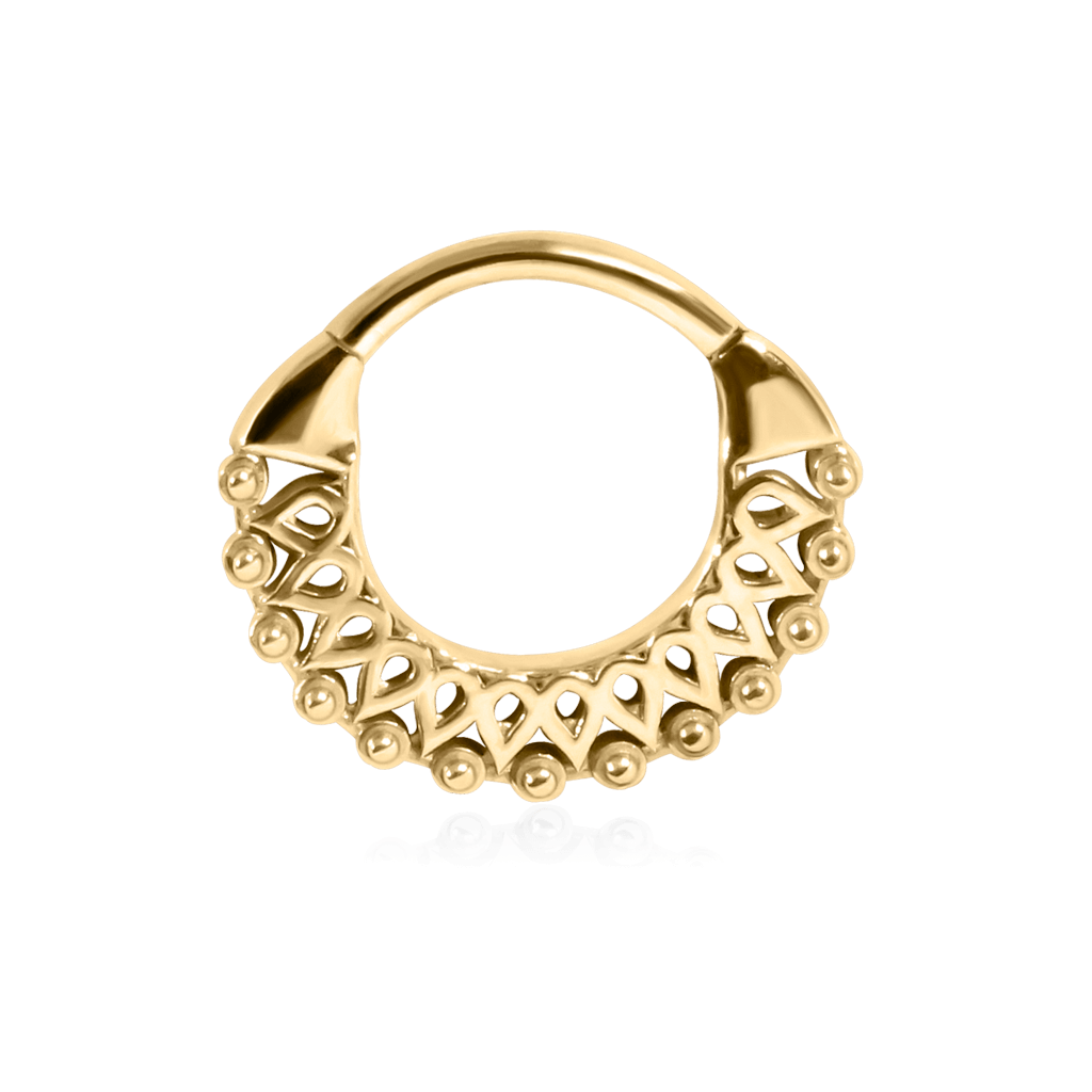 Statement piercing ring, openwork fan-shaped in 18k yellow gold