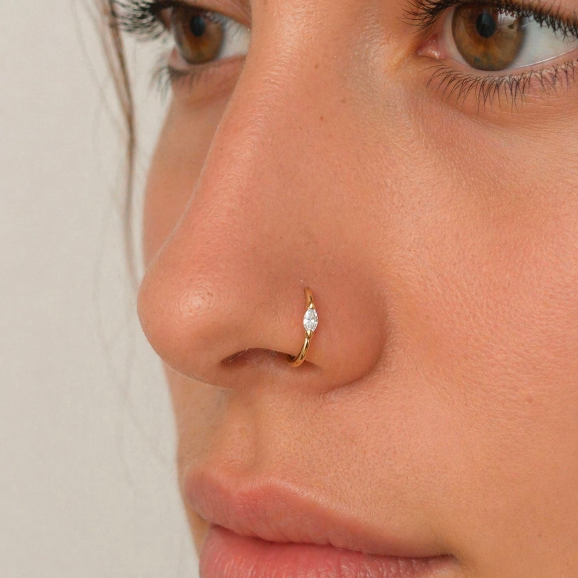 18k gold nose ring with marquise diamond, luxury piercing jewelry for nose