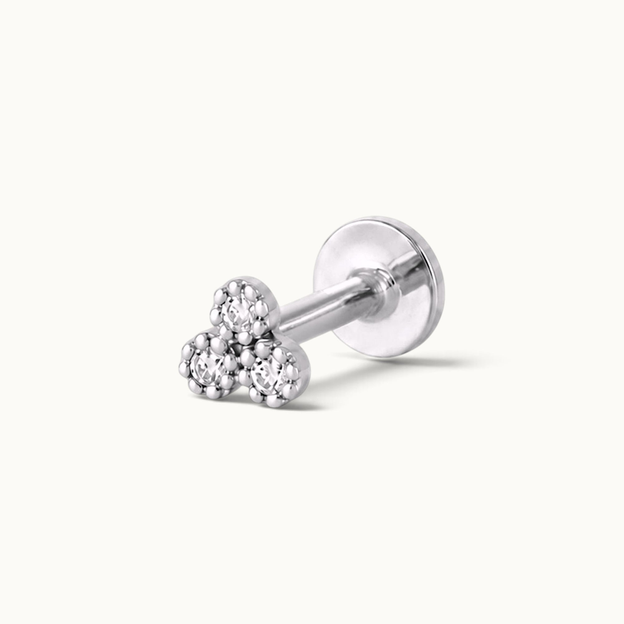 18k gold stud earring with three diamond clusters, luxury piercing jewelry for ear or nose