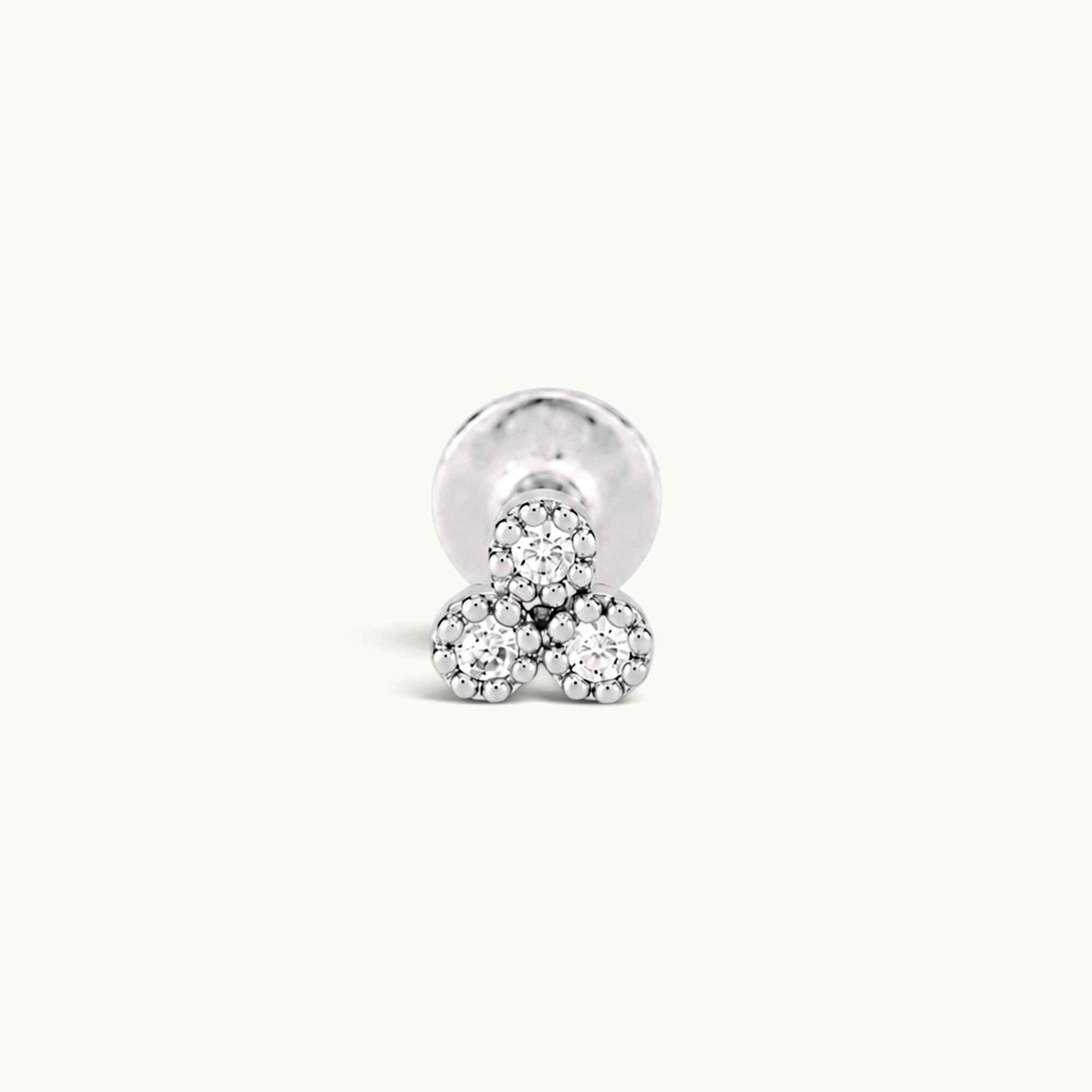 18k gold piercing stud with three diamond clusters, luxury body jewelry for ear or nose