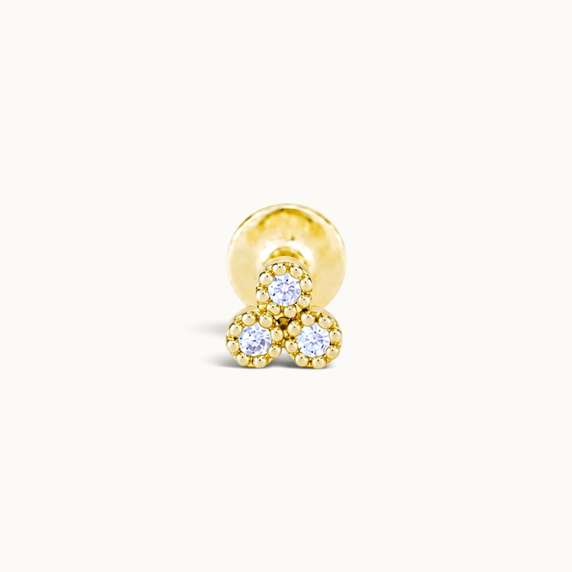 18k gold piercing stud with three diamond-like stones, luxury body jewelry for ear or nose