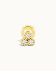 18k gold piercing stud with three diamond-like stones, luxury body jewelry for ear or nose