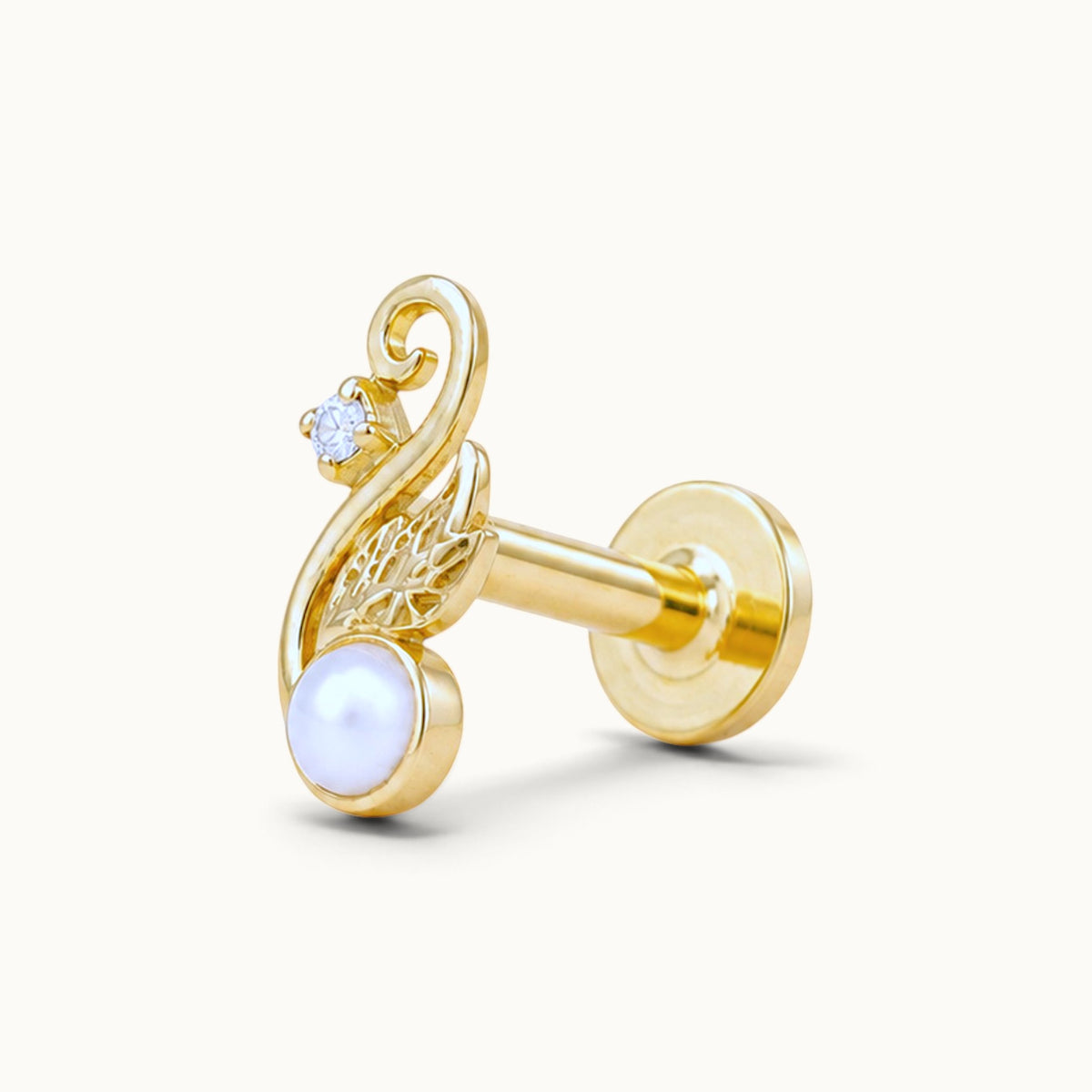 18k gold piercing stud with a pearl, diamond, and ornate filigree design