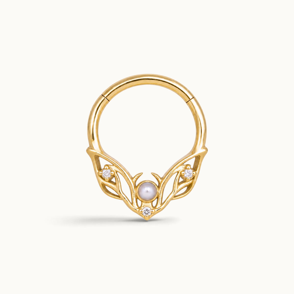 18k gold septum ring with a pearl, diamonds, and ornate leaf design