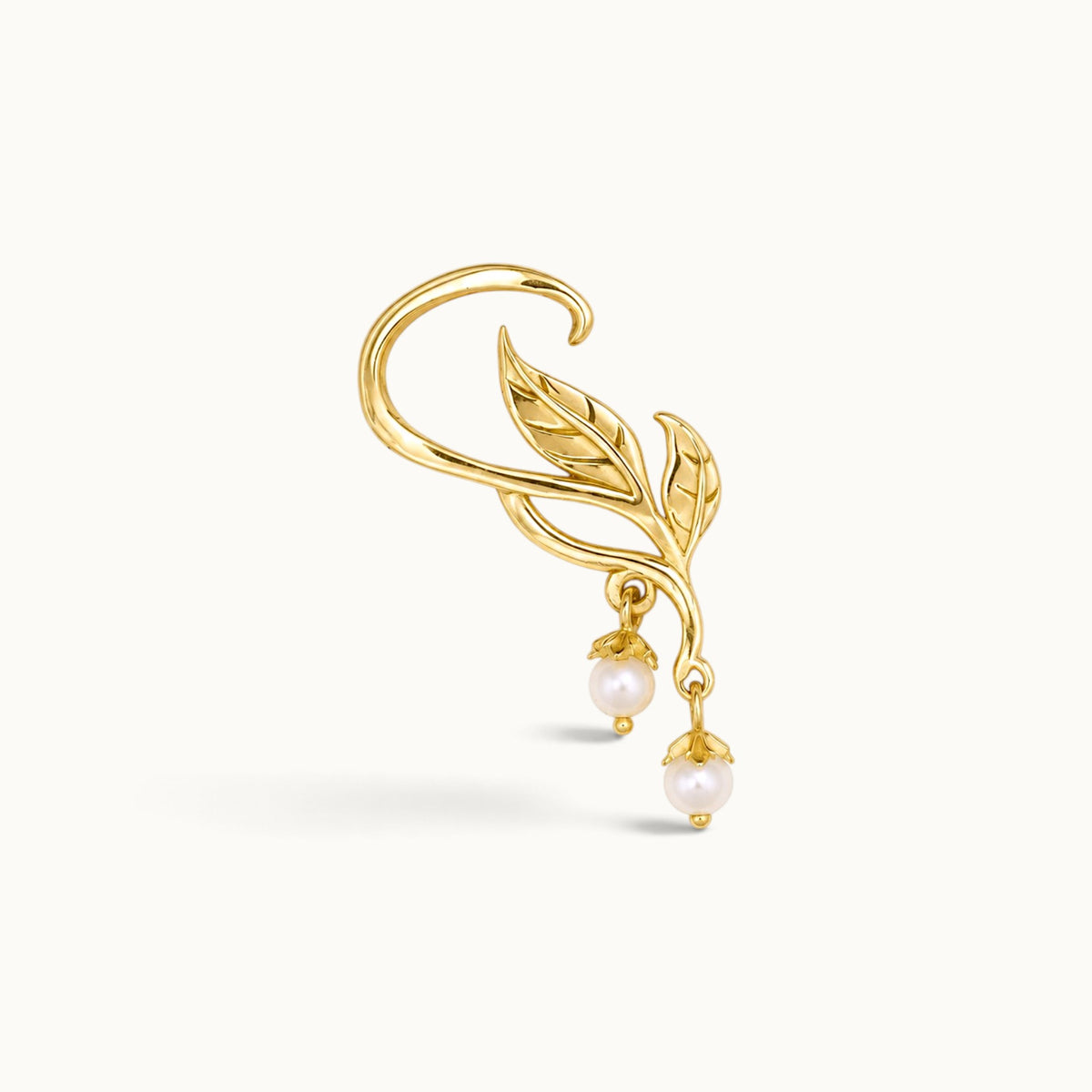18k gold leaf ear cuff with two hanging white pearls