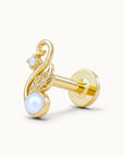18k gold piercing stud with a pearl, diamond, and ornate filigree design