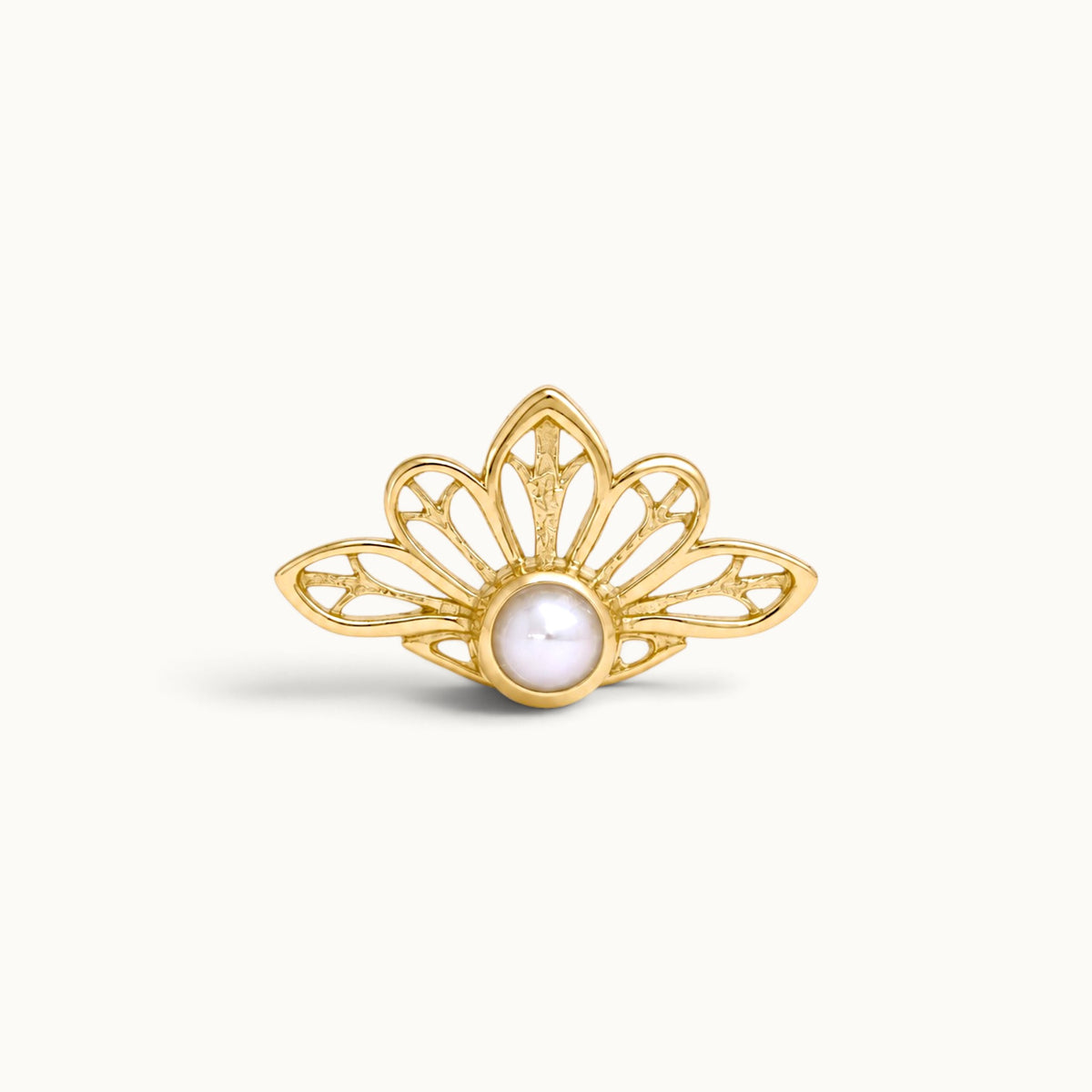18k gold floral piercing jewelry with a center white pearl on a white background