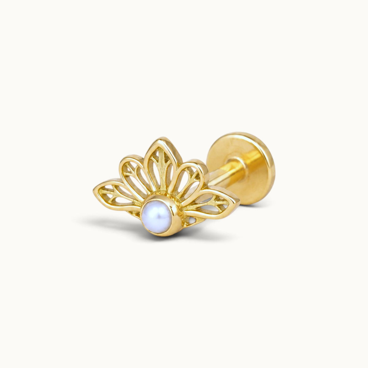 18k gold lotus flower piercing stud with a white pearl