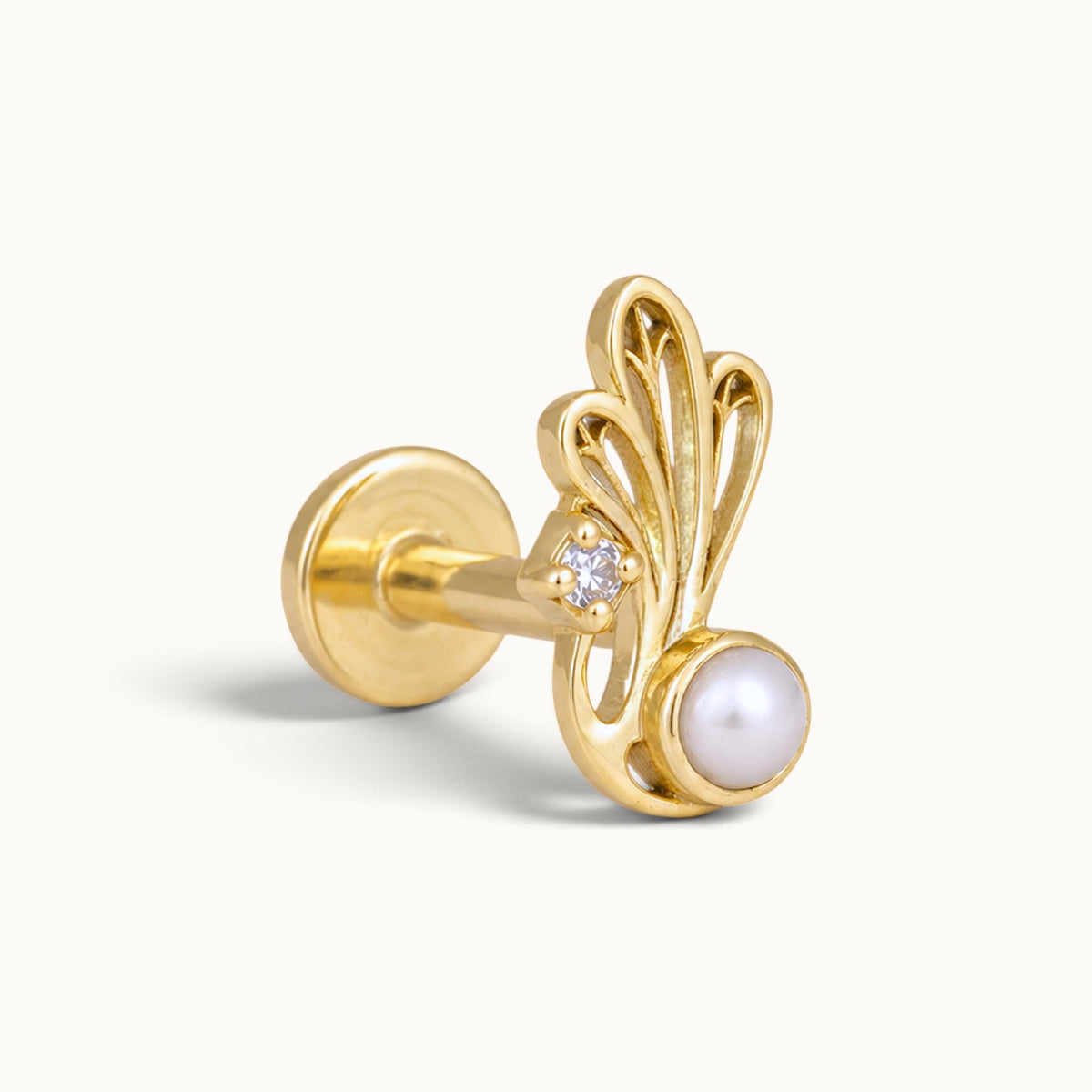 18k gold piercing stud with a white pearl and a small diamond