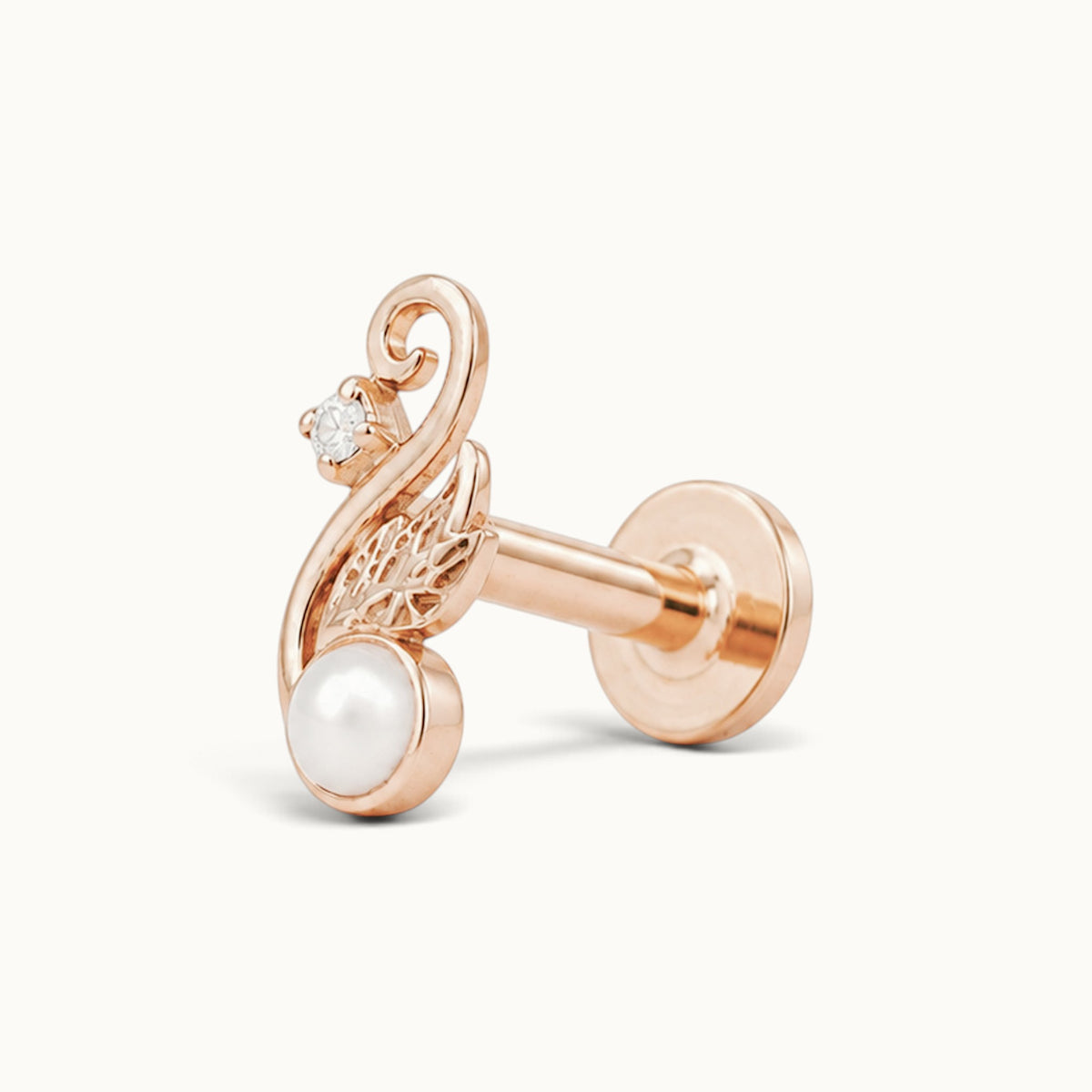 18k rose gold piercing stud with a white pearl and a diamond accent