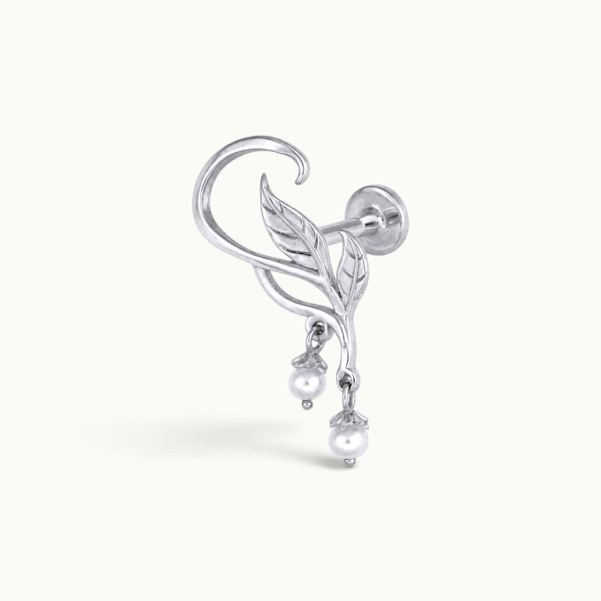 Silver leaf-shaped ear cuff piercing with dangling pearls
