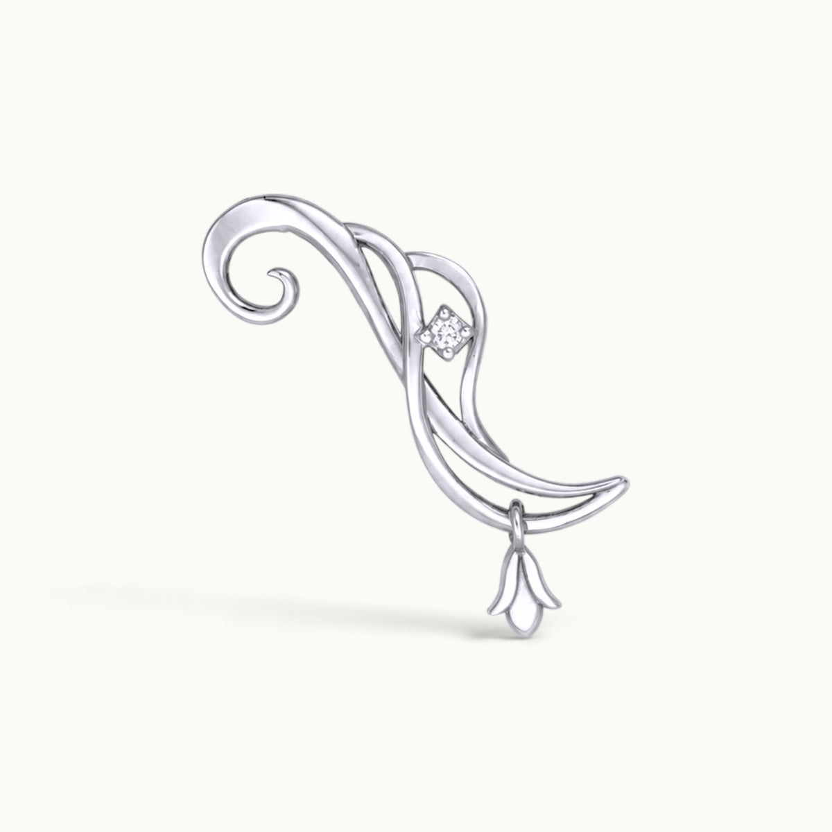 Silver swirl ear piercing jewelry with a diamond and floral drop charm