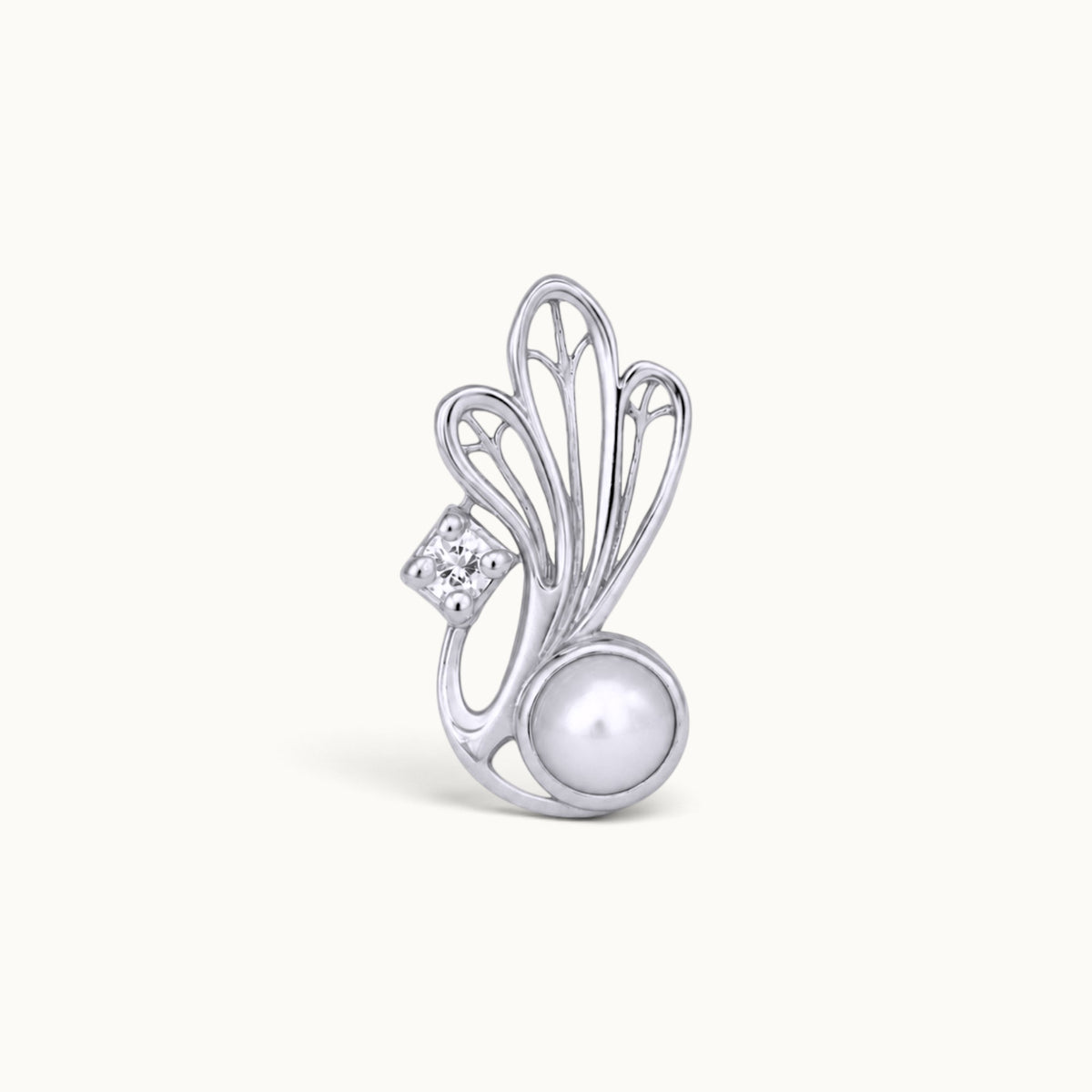 Elegant silver piercing stud with a white pearl and sparkling diamond accent