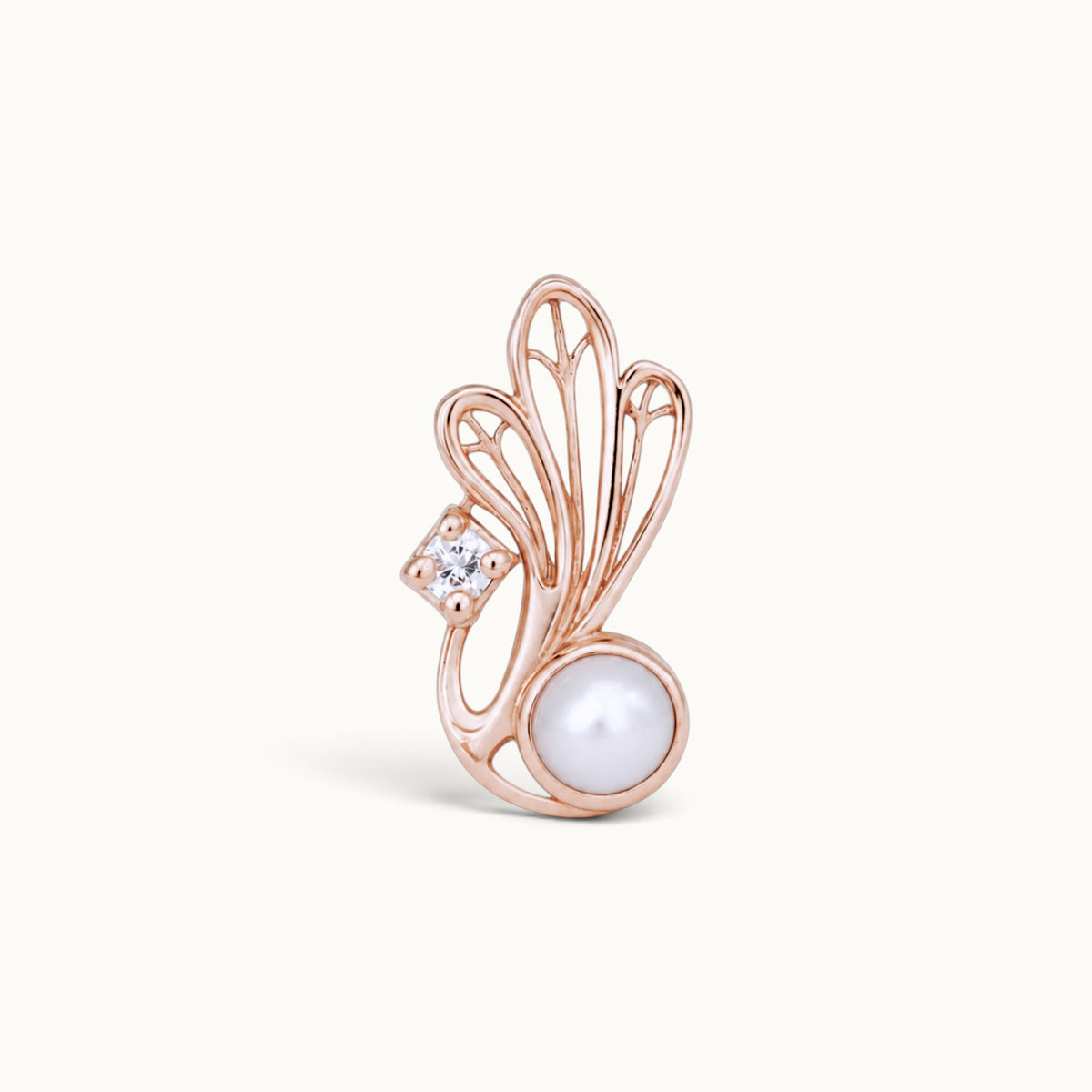 18k rose gold piercing jewelry with a white pearl and a diamond in a wing-like design