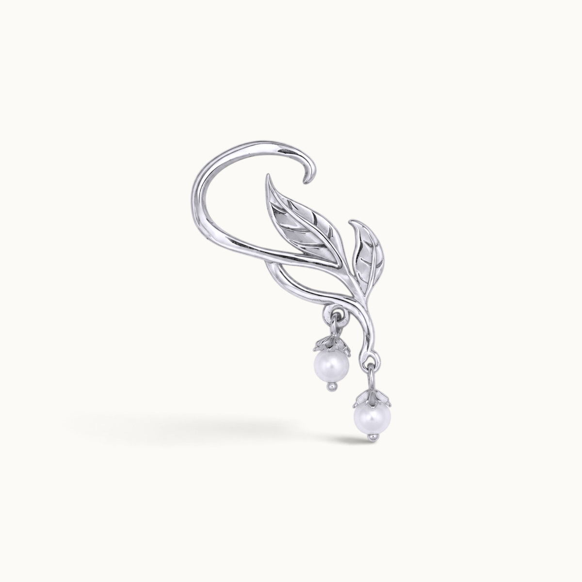Silver leaf-shaped ear cuff with dangling white pearls