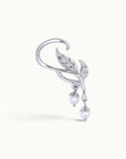 Silver leaf-shaped ear cuff with dangling white pearls