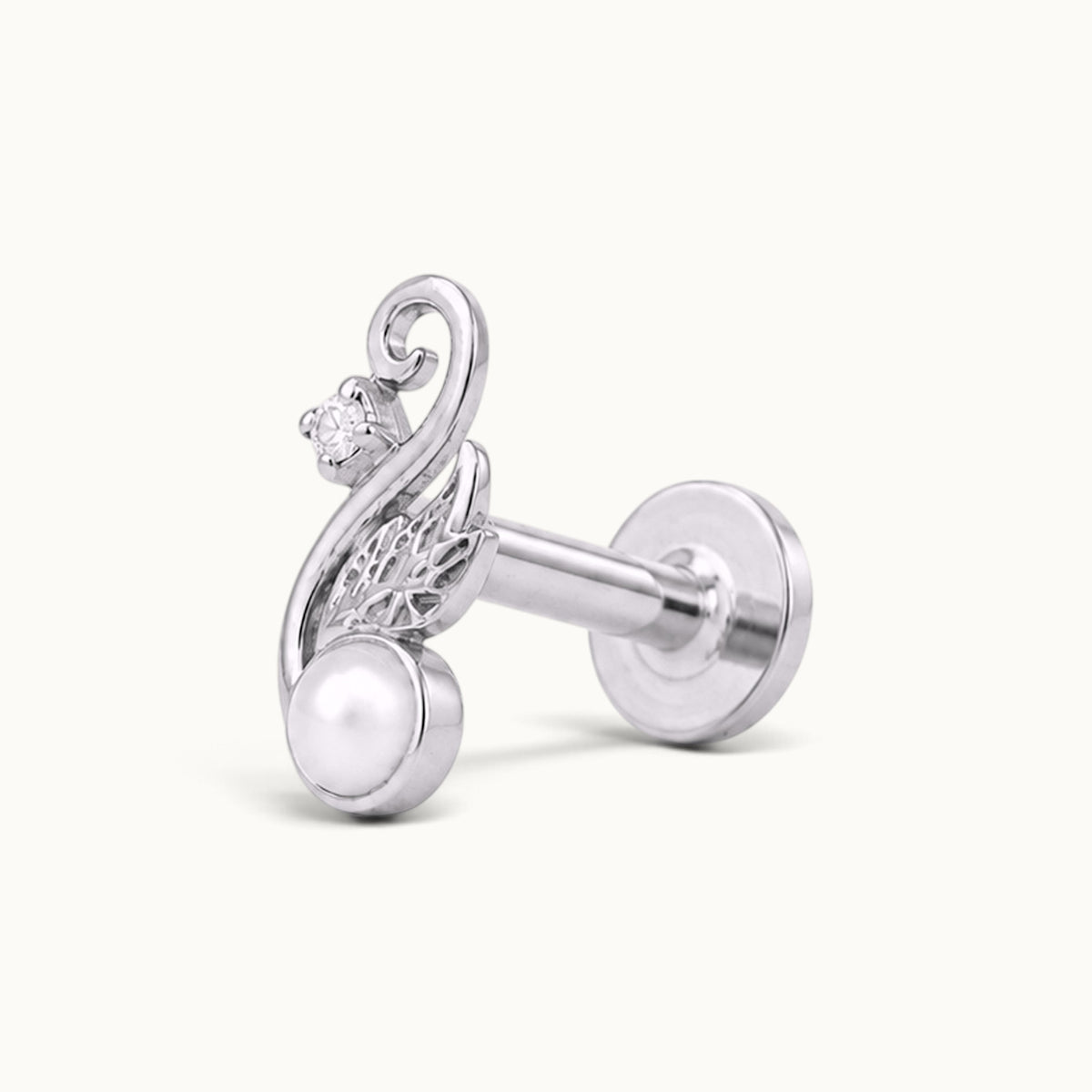 Silver ornate piercing stud with a white pearl and a small sparkling diamond