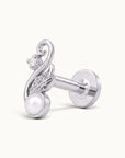 Silver ornate piercing stud with a white pearl and a small sparkling diamond