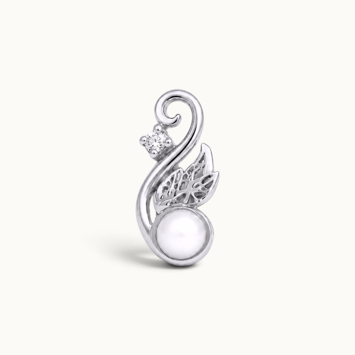 Elegant silver swirl piercing jewelry with a white pearl and small diamond accent