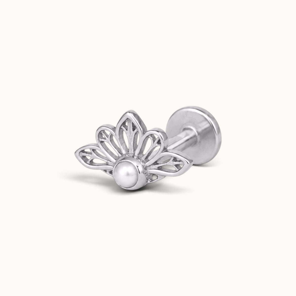 Silver lotus flower piercing stud with a small white pearl center